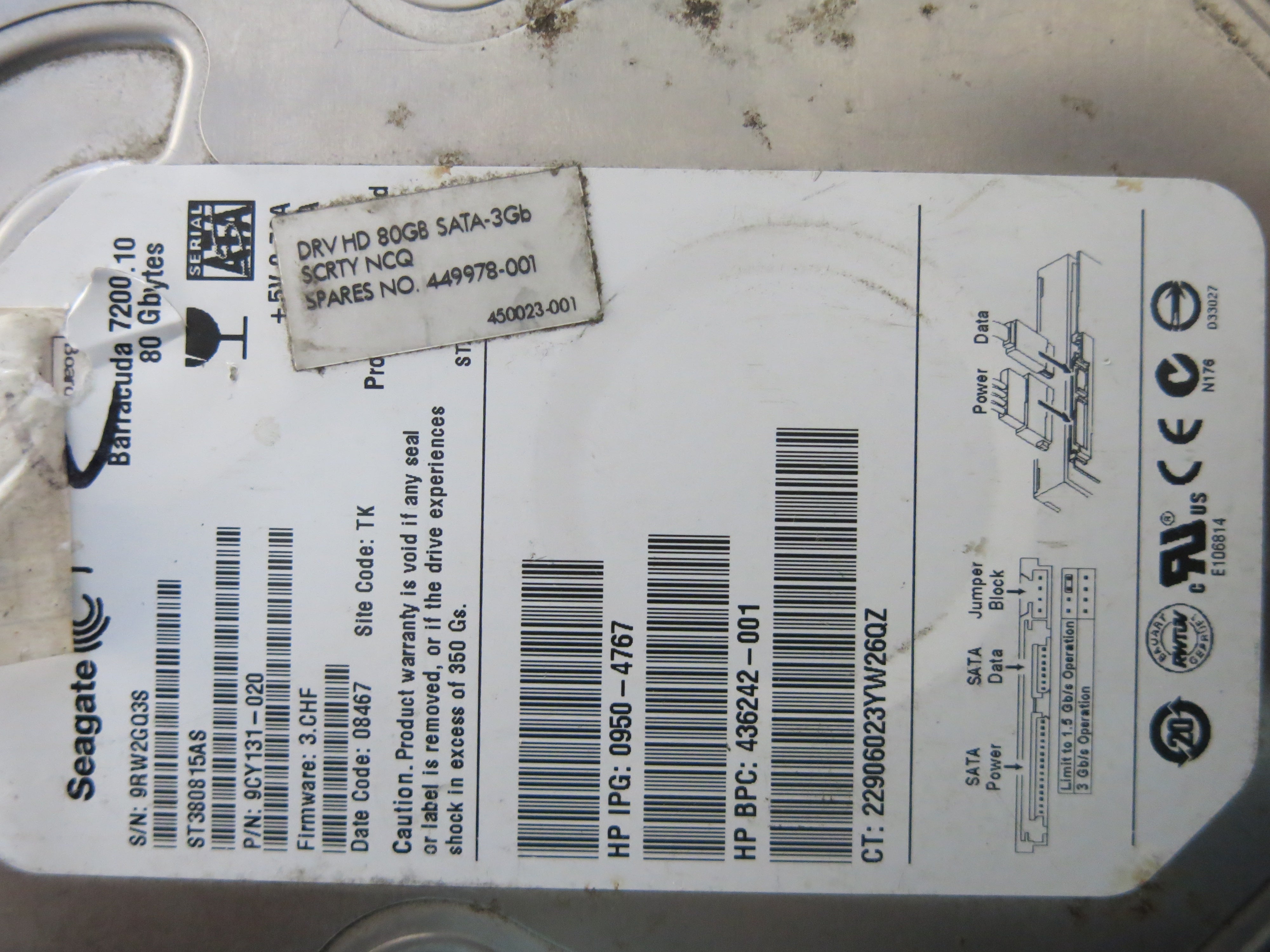 ST380815AS PCB : 100428473 REV C SERIAL NUMBER : 9RW2GQ3S FW:3.CHF PN:9CY131-020 80GB