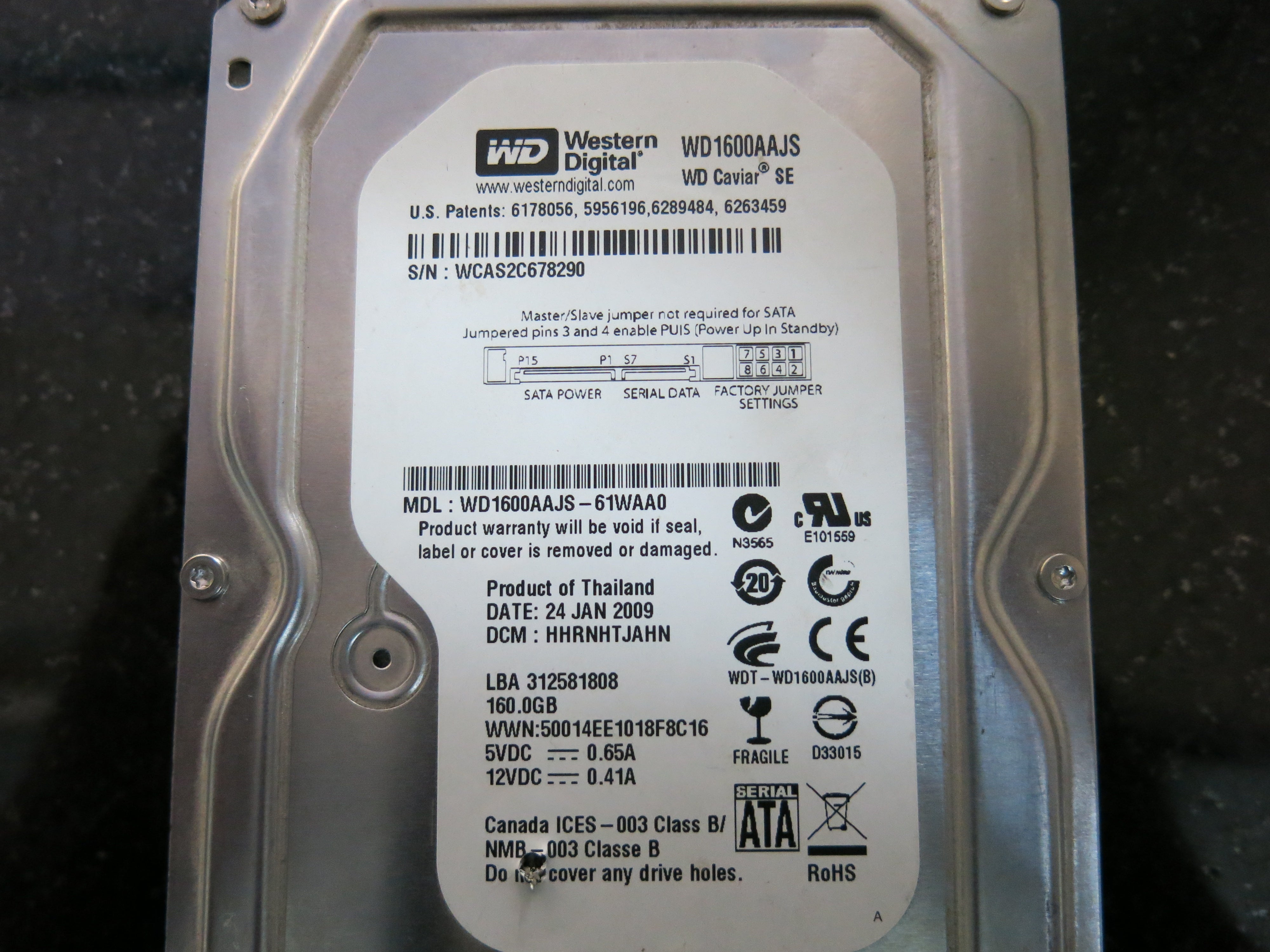 WCAS2C678290 PCB: E222034 SERIAL NUMBER: WCAS2C678290 160GB