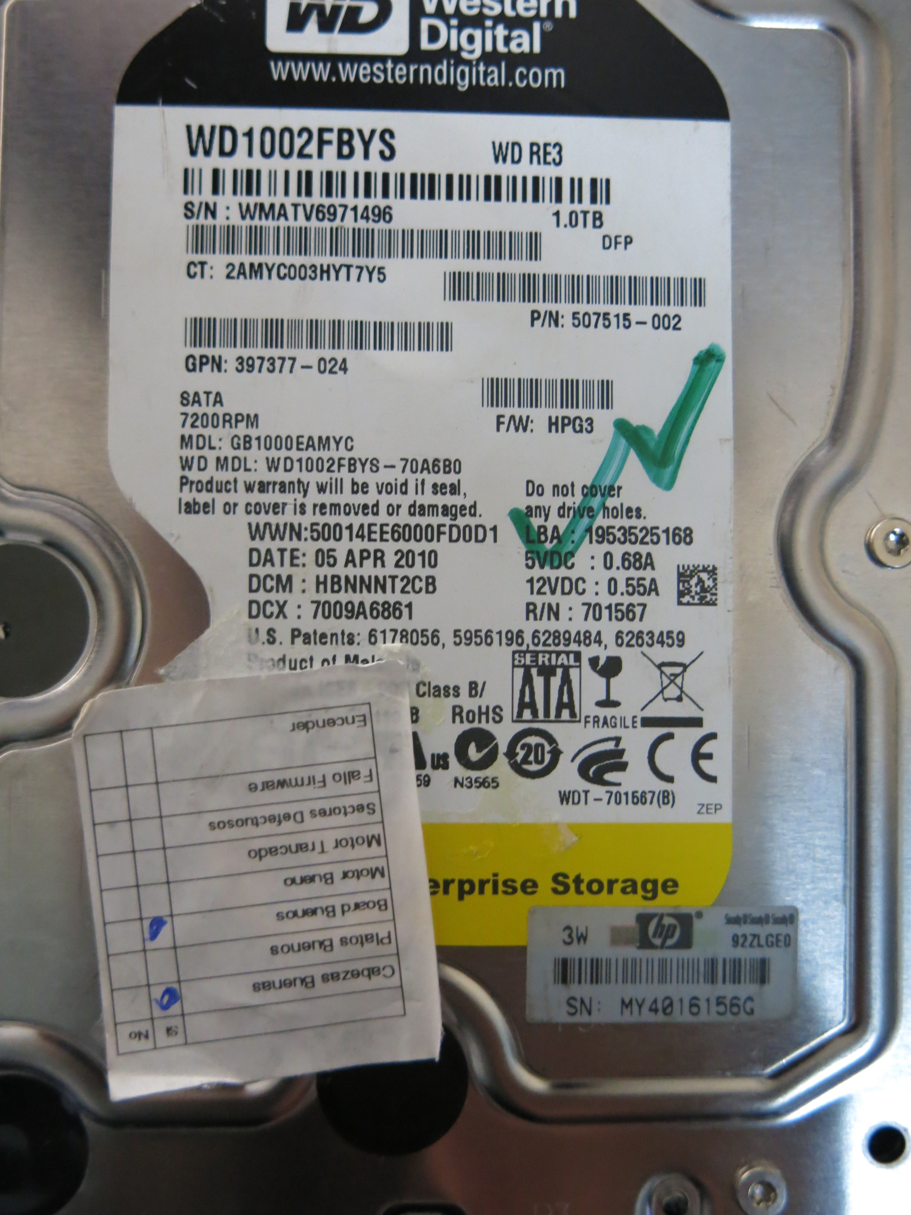 MODEL : WD1002FBYS PCB : 2060-701567-000 SERIAL NUMBER :WMATV6971496