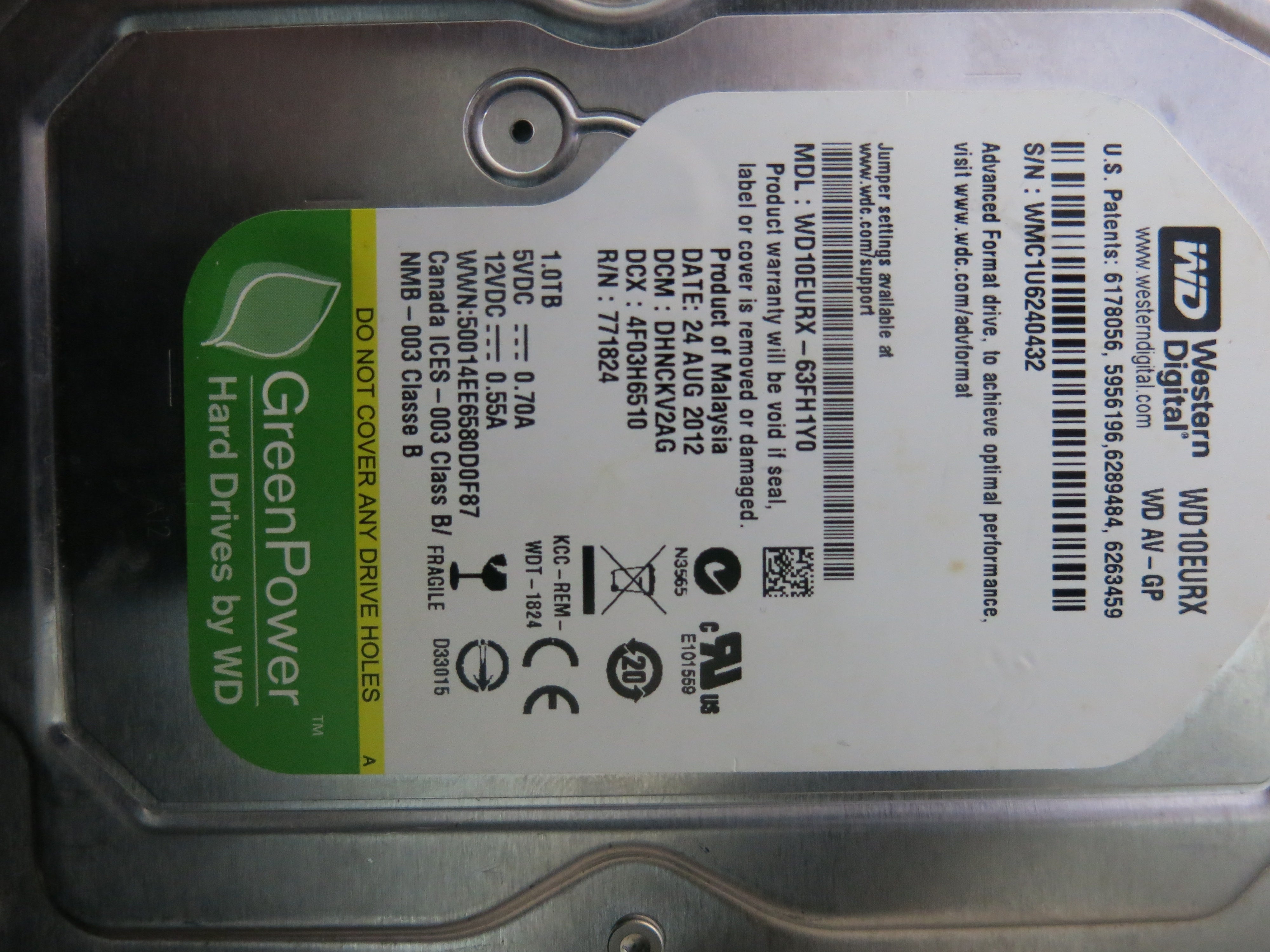 MODEL : WD10EURX'63FH1Y0 PCB : 2060-771824-005 REV A SERIAL NUMBER : WMC1U6240432 1.TB