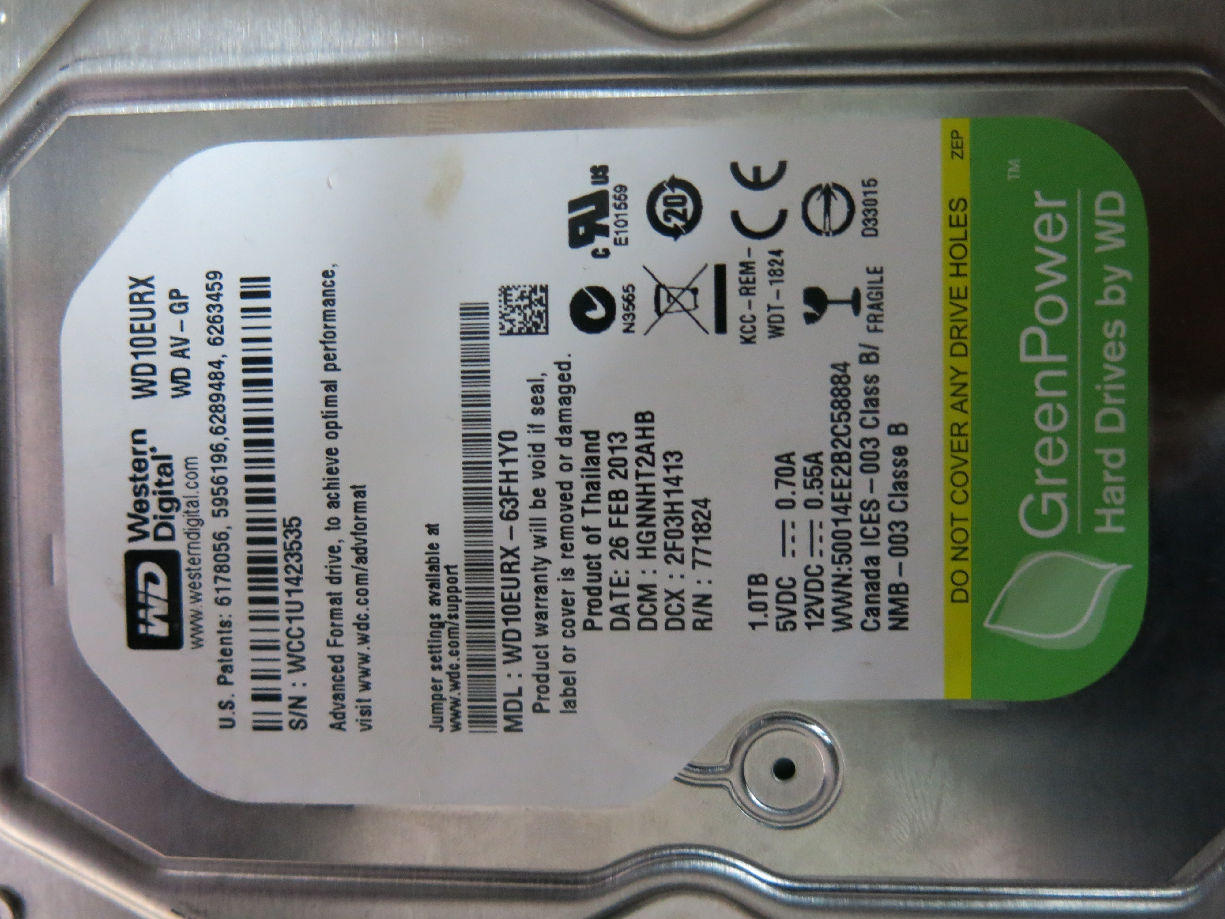 MODEL : WD10EURX'63FH1Y0 PCB : 2060-771824-005 SERIAL NUMBER : WCC1U1423535 1.TB