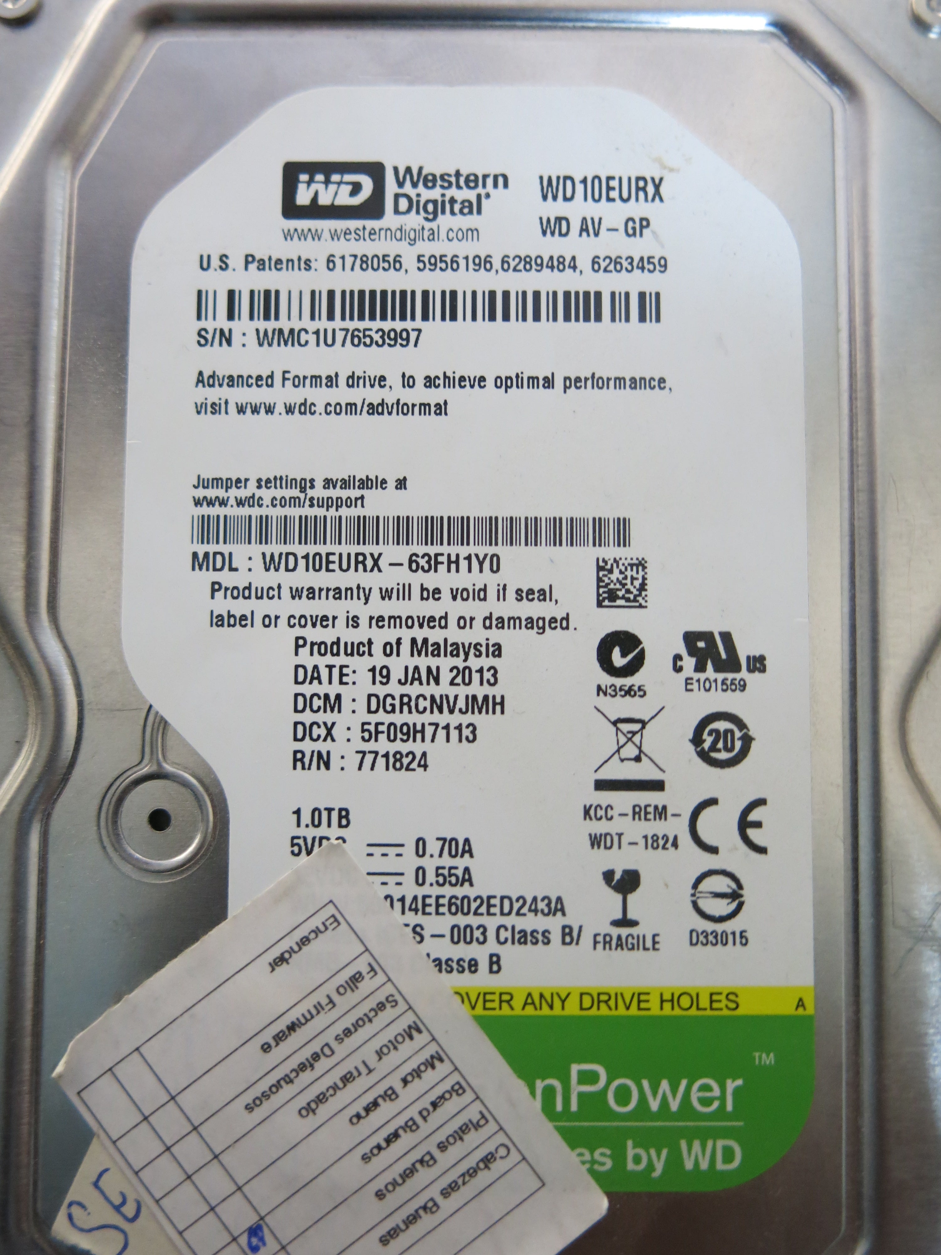 WD10EURX-63FH1Y0,  Serial:WMC1U7653997,  1TB 3.5,  PCB:2060-771824-005- REV A