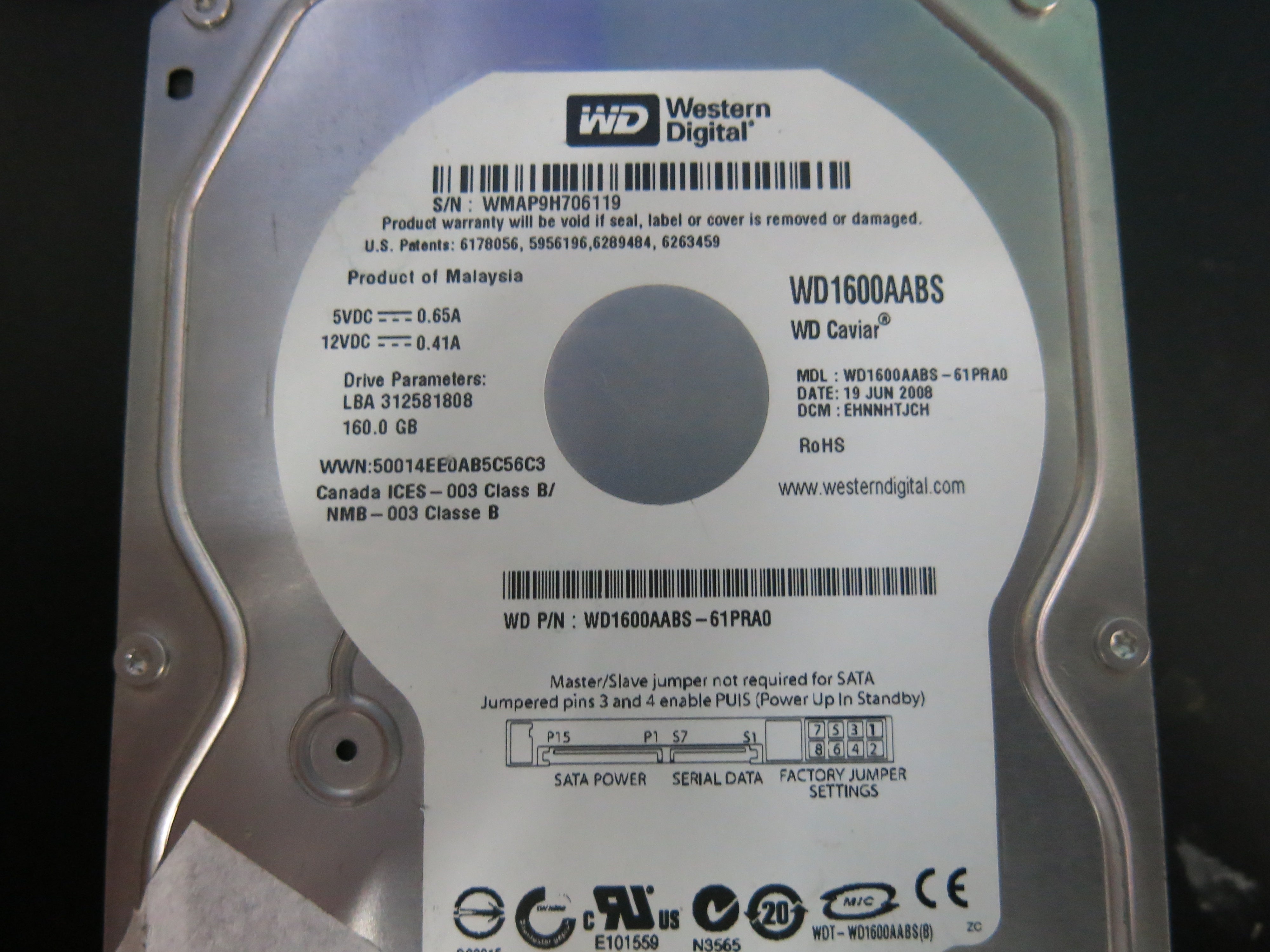 WD1600AABS- 61PRA0 PCB : E3330BS 94V-0 SERIAL NUMBER : WMAP9H706119 160GB