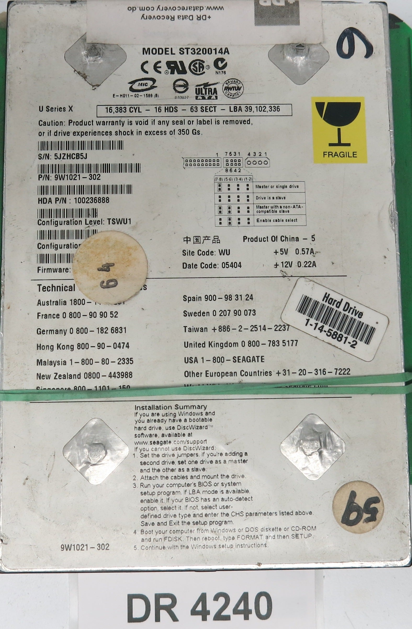 ST320014A,  P/N:9W1021-302,  FW:3.07,  Serial:5JZHCB5J,  20GB 3.5,  PCB:100216047- REV F