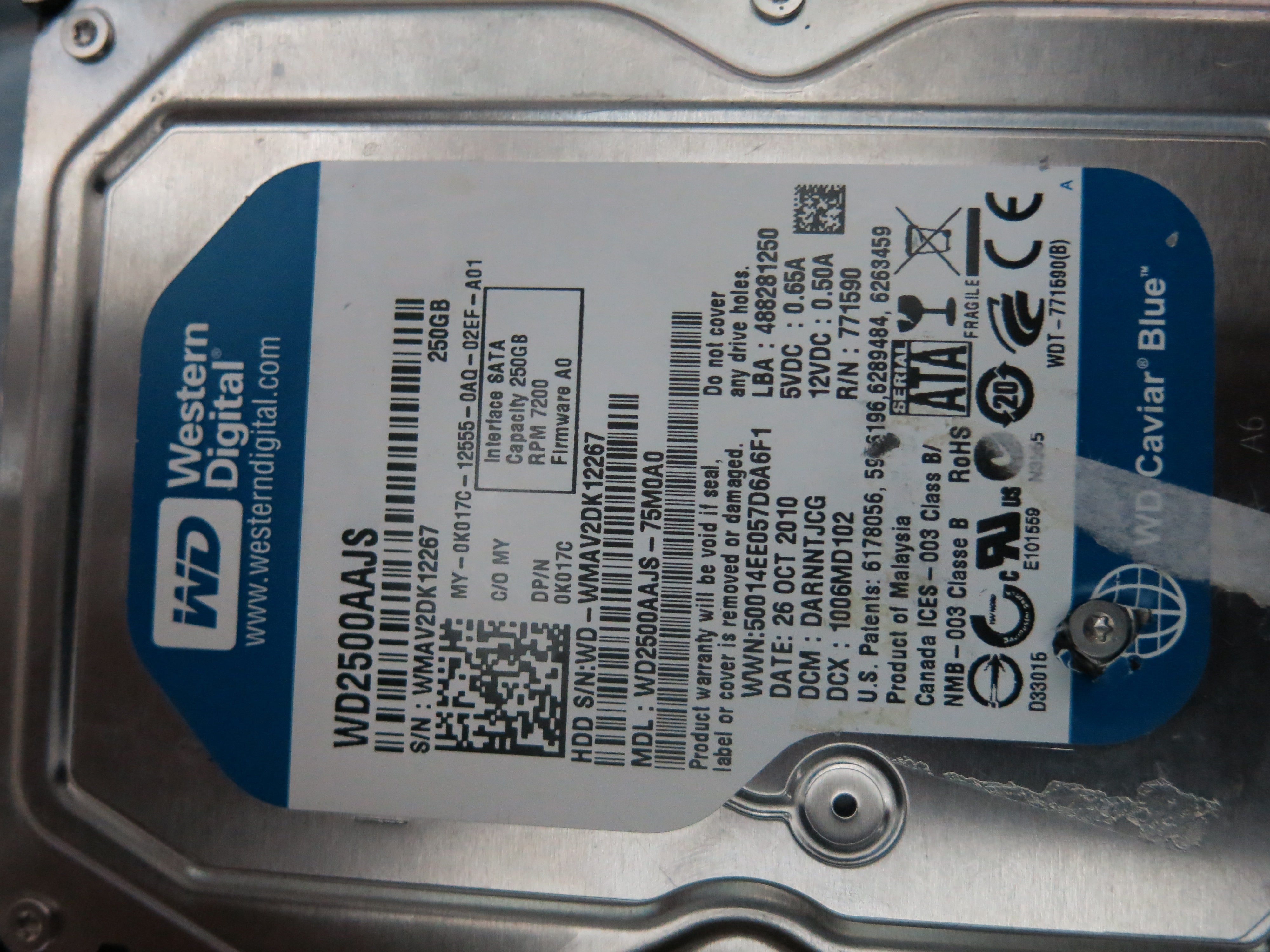 WD2500AAJS-75M0A0,  Serial:WMAV2DK12267,  250GB 3.5