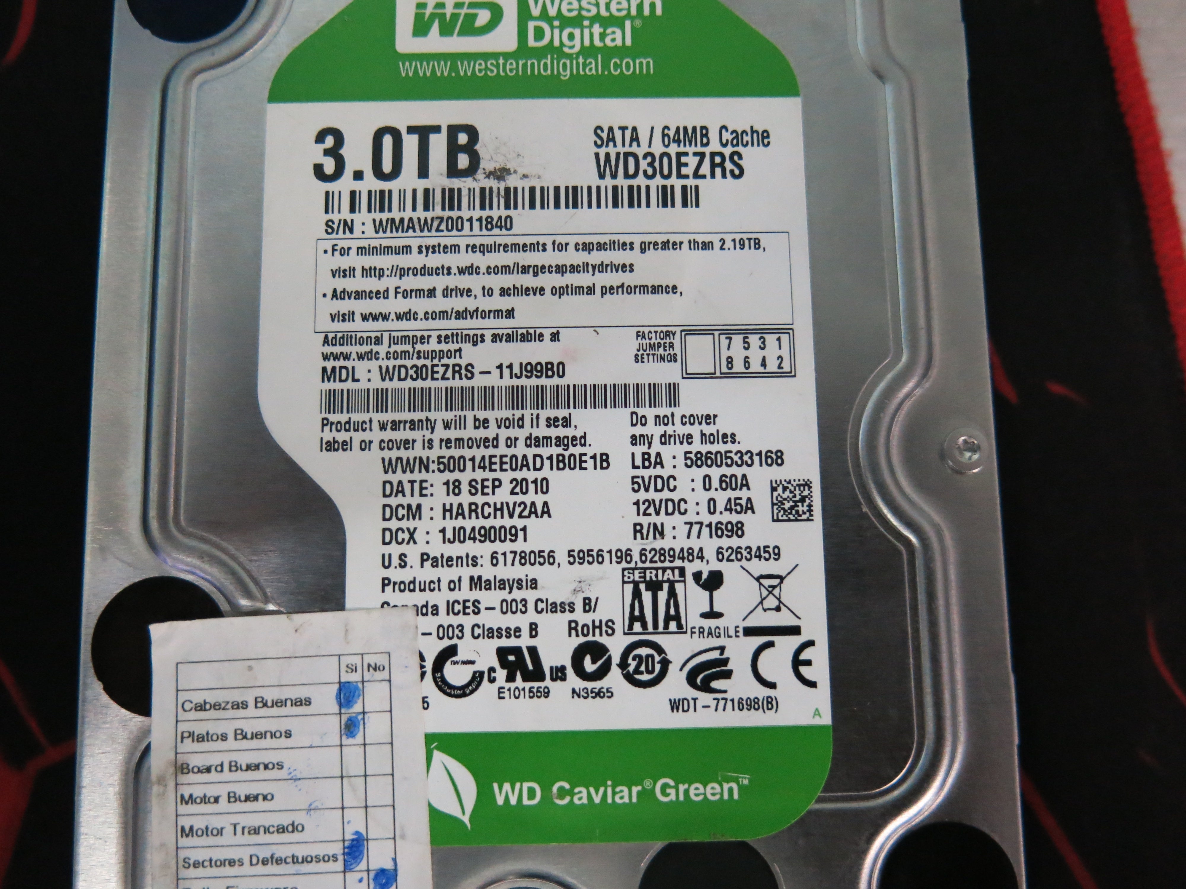 WD30EZRS-11J99B0 PCB: 2060-771698-002 SERIAL NUMBER: WMAWZ0011840 3.TB