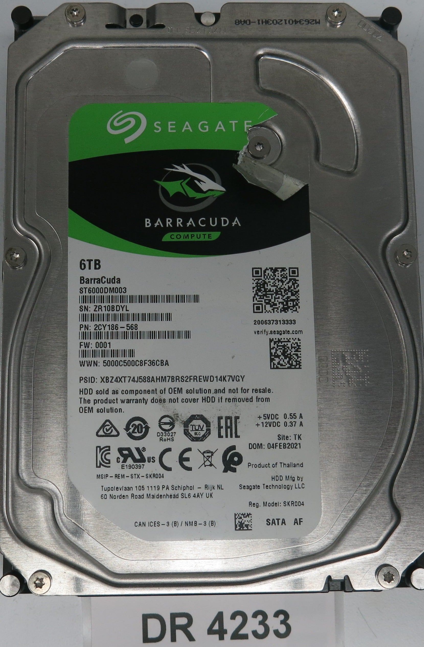 ST6000DM003,  P/N:2CY186,  FW:0001,  Serial:ZR10BDYL,  6000GB 3.5