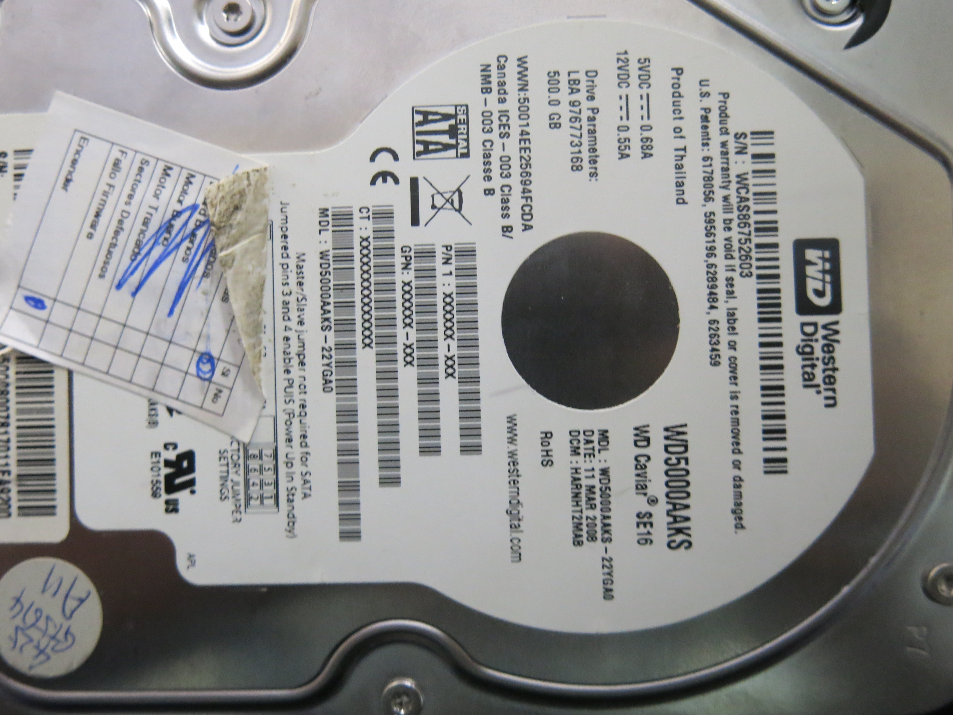 WD5000AAKS-22YGA0 PCB : 2060-701444-004 REV A SERIAL NUMBER : WCAS86752603 PN:XXXXXX-XXX 500GB