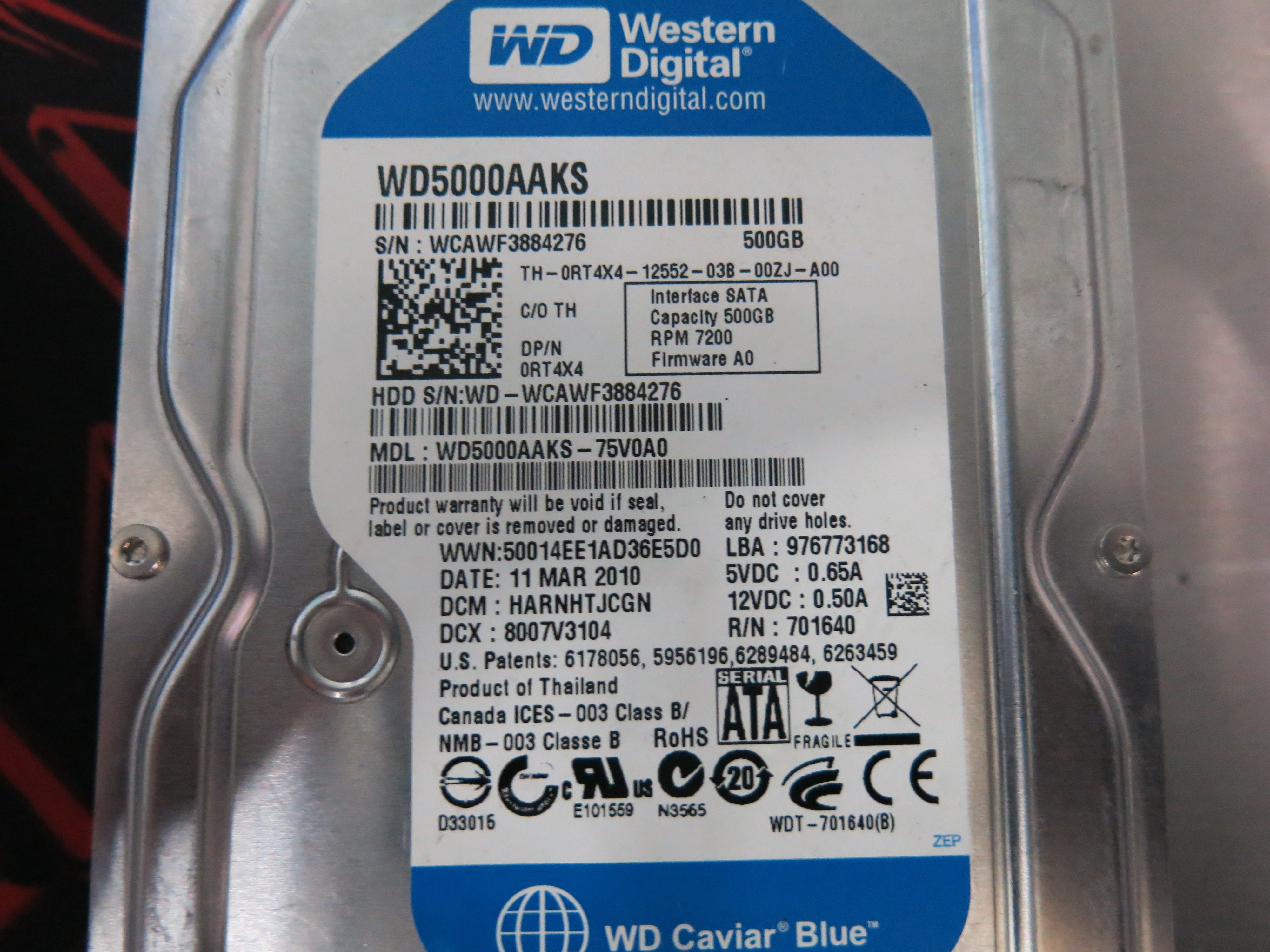 WD5000AAKS-75V0A0 PCB: 2060-701640-002  REVA SERIAL NUMBER: WCAWF3884276 500GB