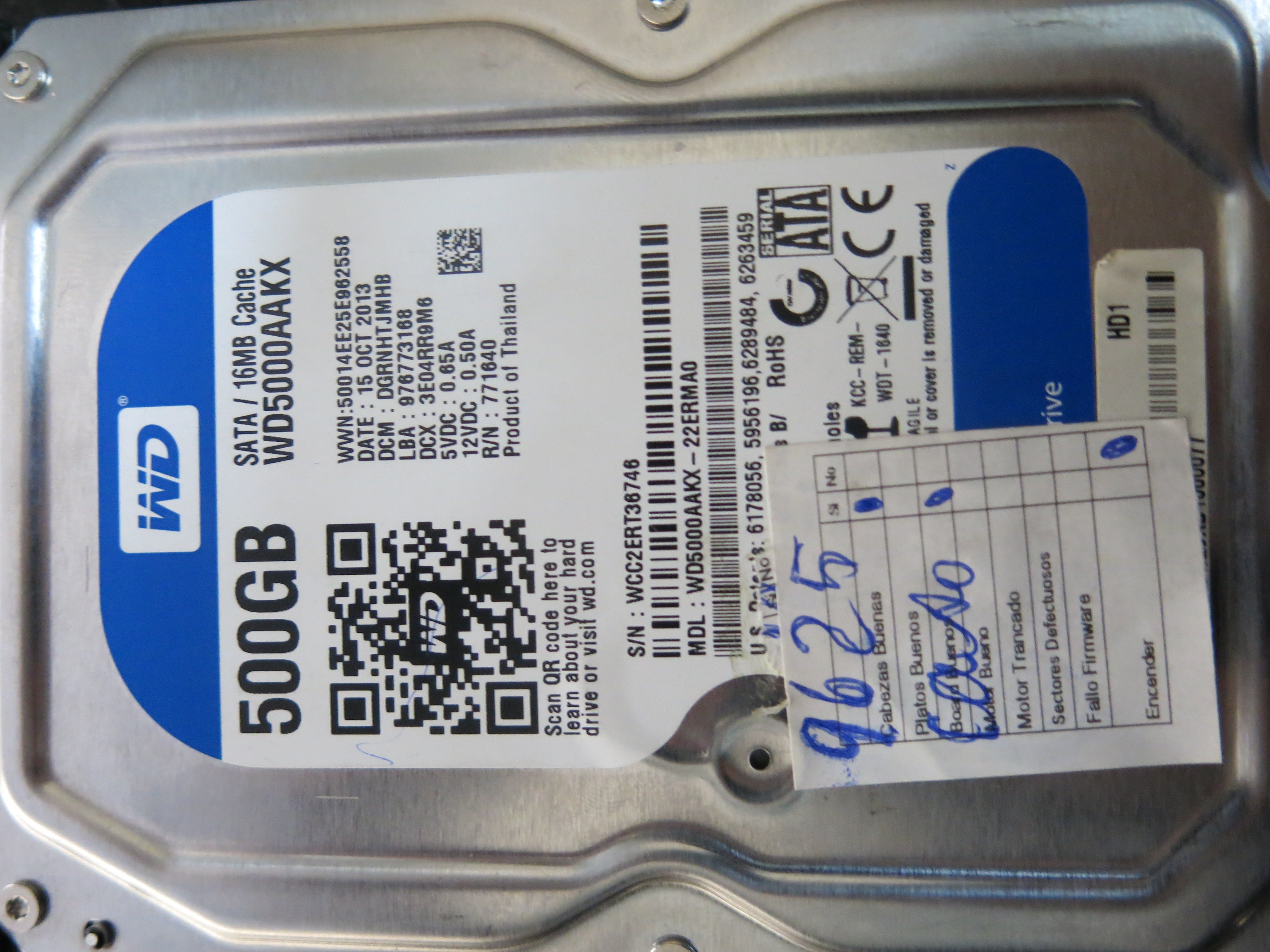 MODEL : WD5000AAKX'22ERMA0 PCB : 2060-771640-003 SERIAL NUMBER : WCC2ERT36746