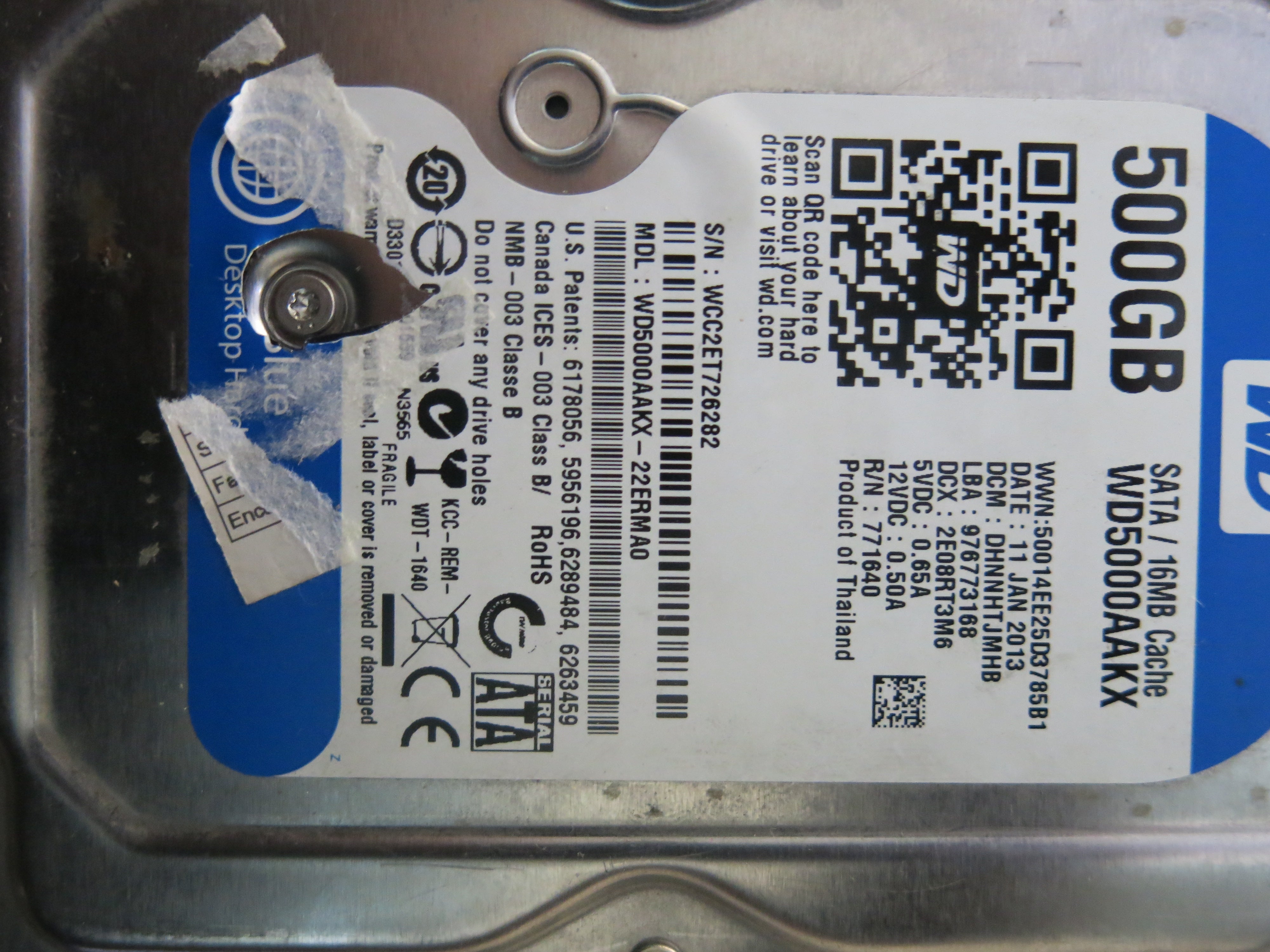 MODEL :WD5000AAKX'22ERMA0 SERIAL NUMBER : WCC2ET726282 500GB