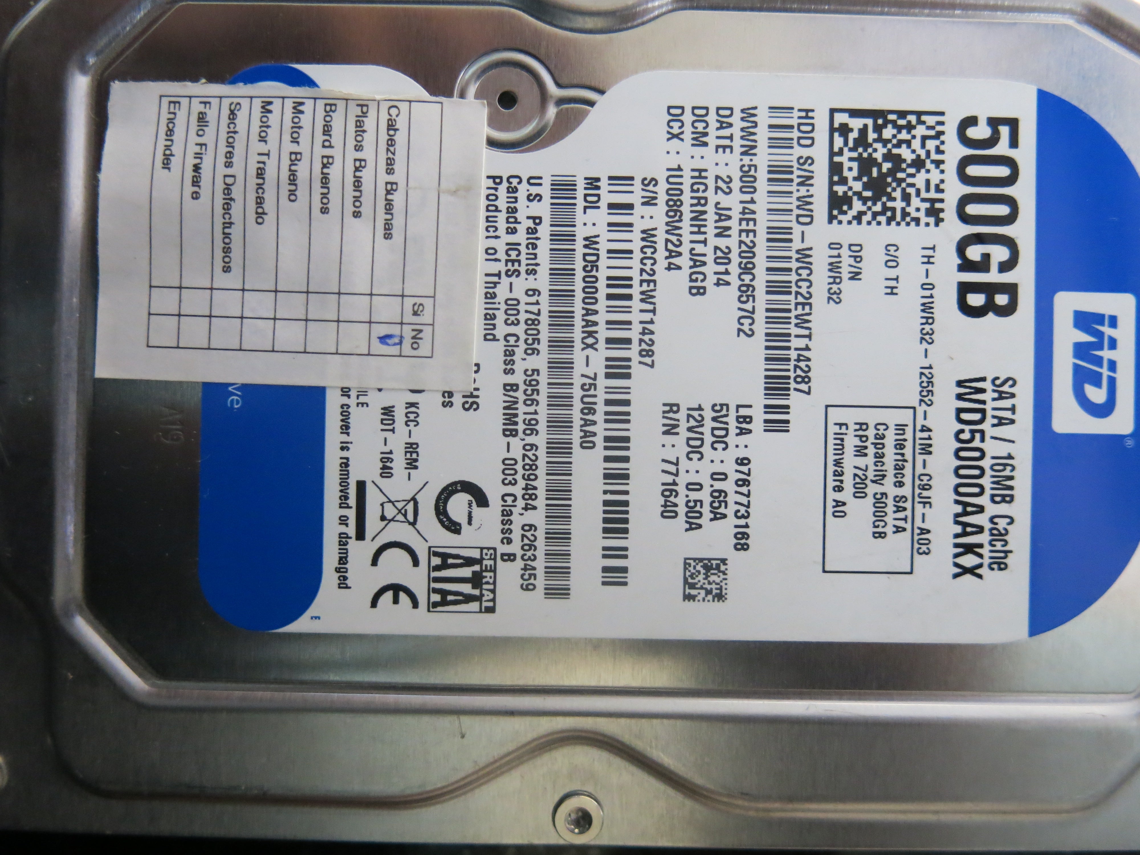 WD5000AAKX'75U6AA0,  Serial:WCC2EWT14287,  500GB 3.5