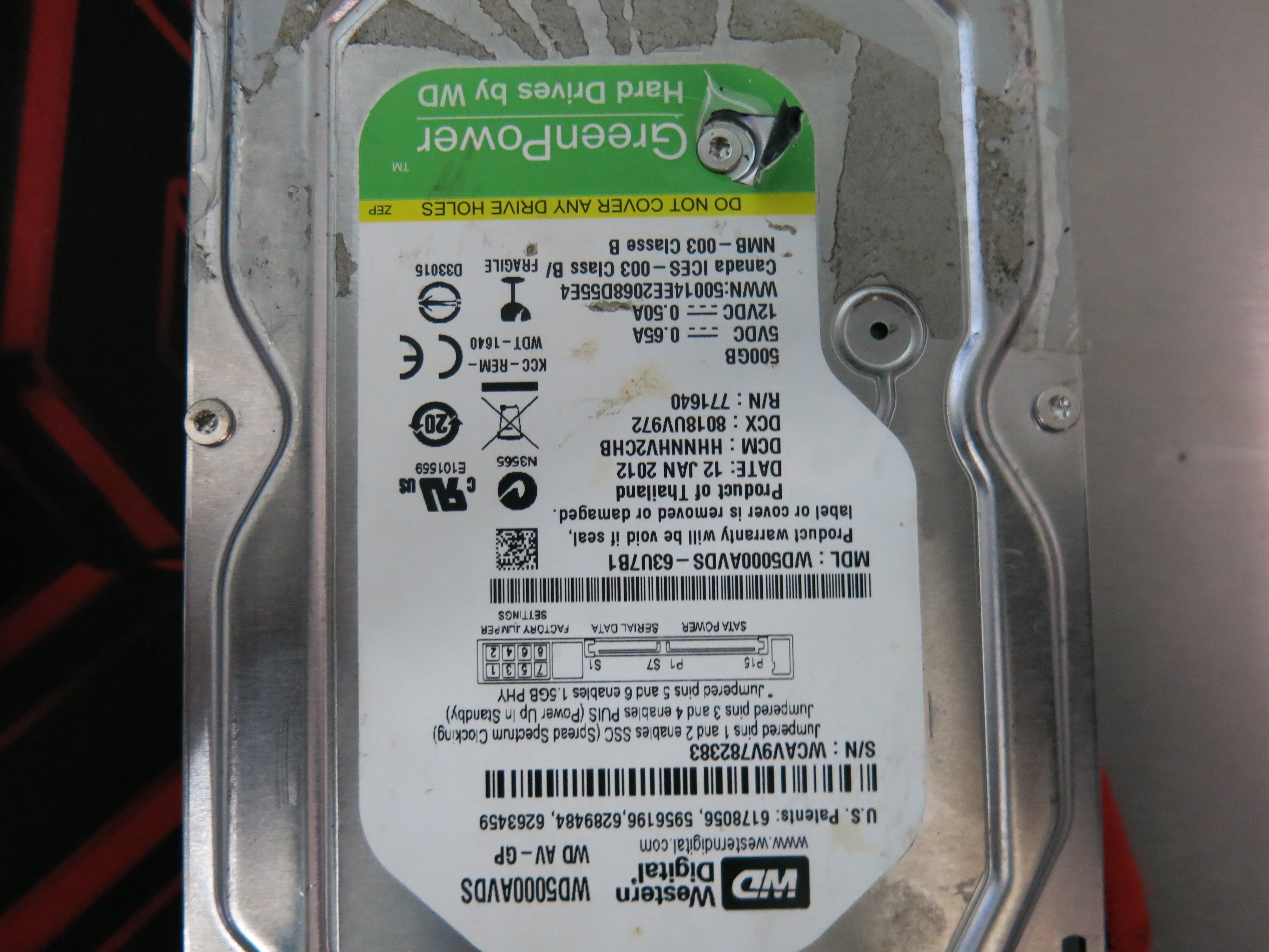 WD5000AVDS-63U7B1 PCB: 2060-771640-003 SERIAL NUMBER: WCAV782383 500GB
