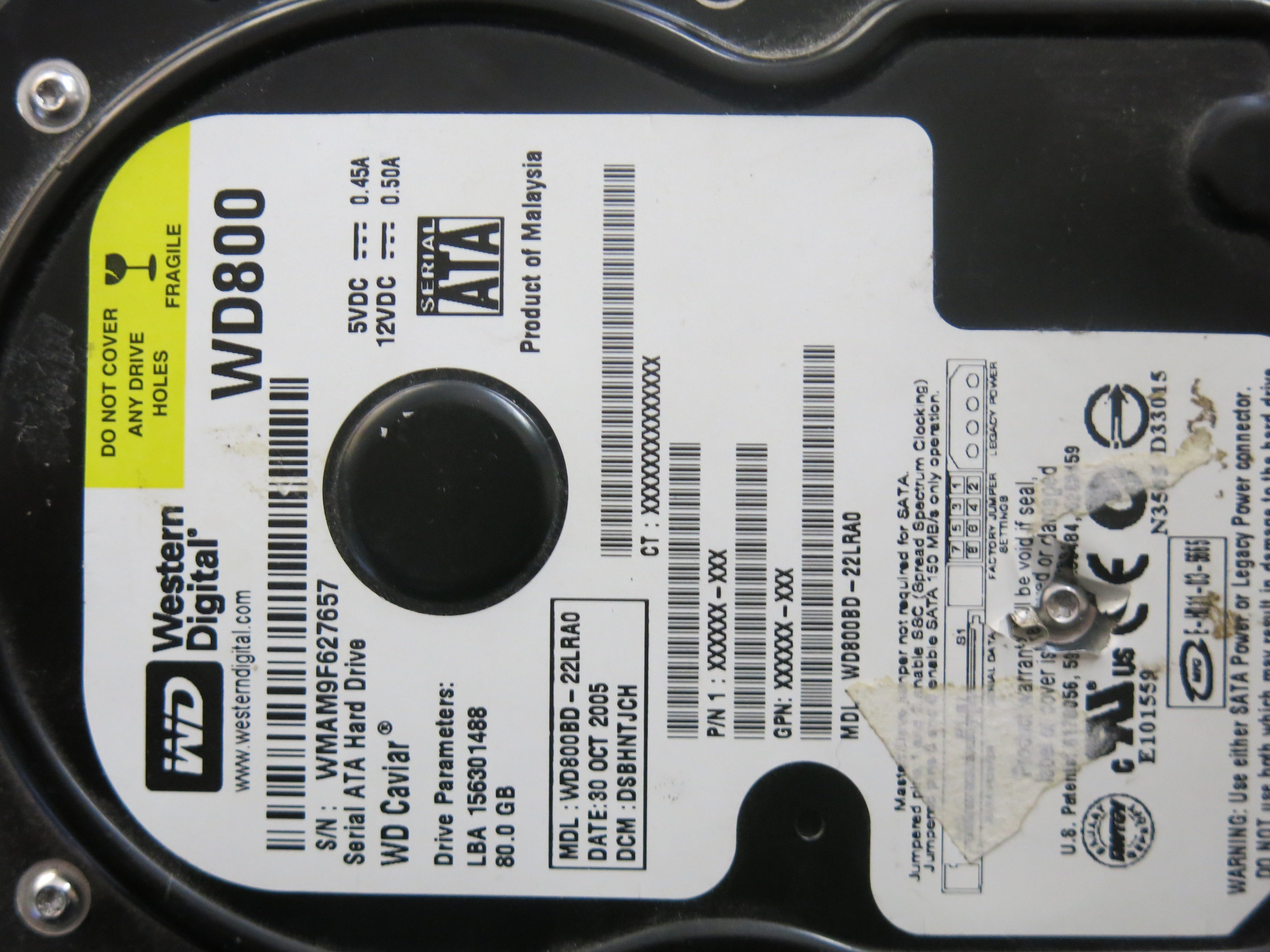 WD800BD'22lRA0 PCB : 2060-701335-003- REV B SERIAL NUMBER : WMAM9F627657 80GB