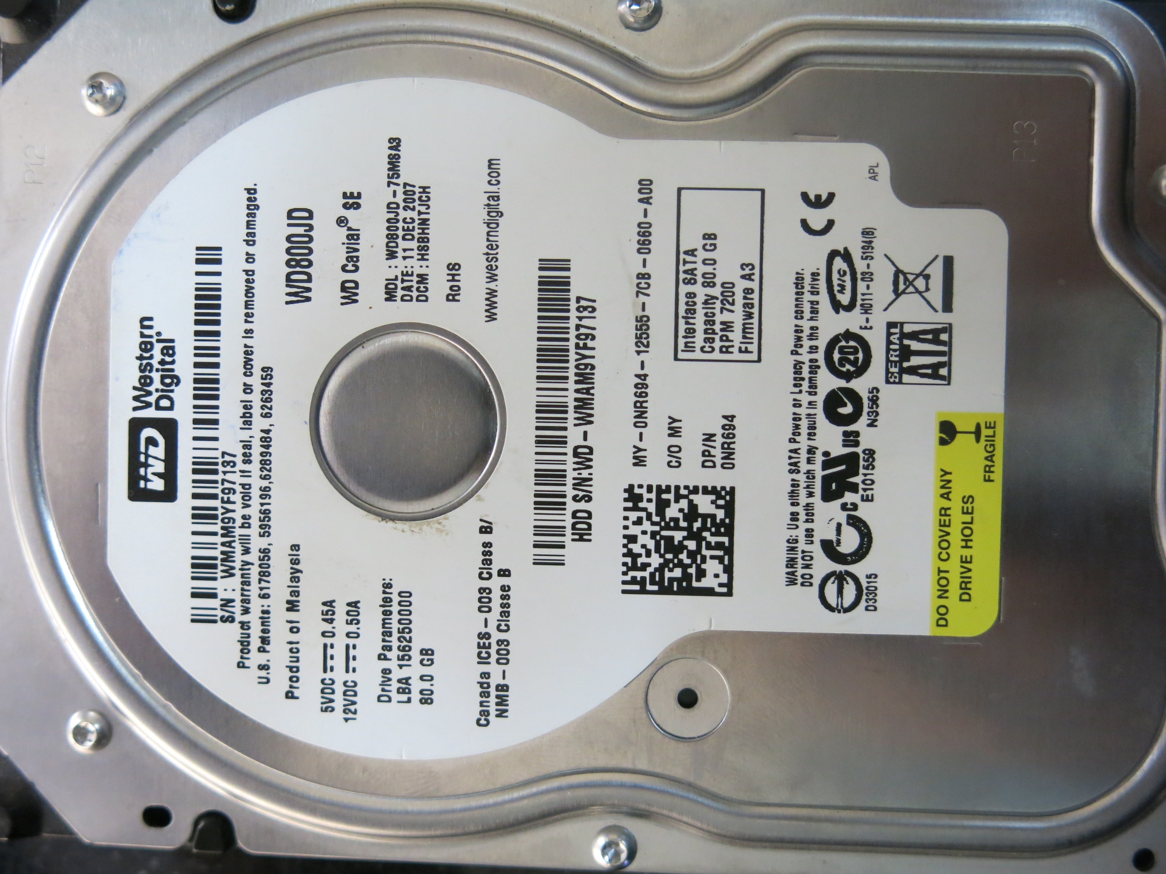 WD800JD-75MS A3 PCB : 2060-701335-005 REV A SERIAL NUMBER : WMAM9YF71397 80GB