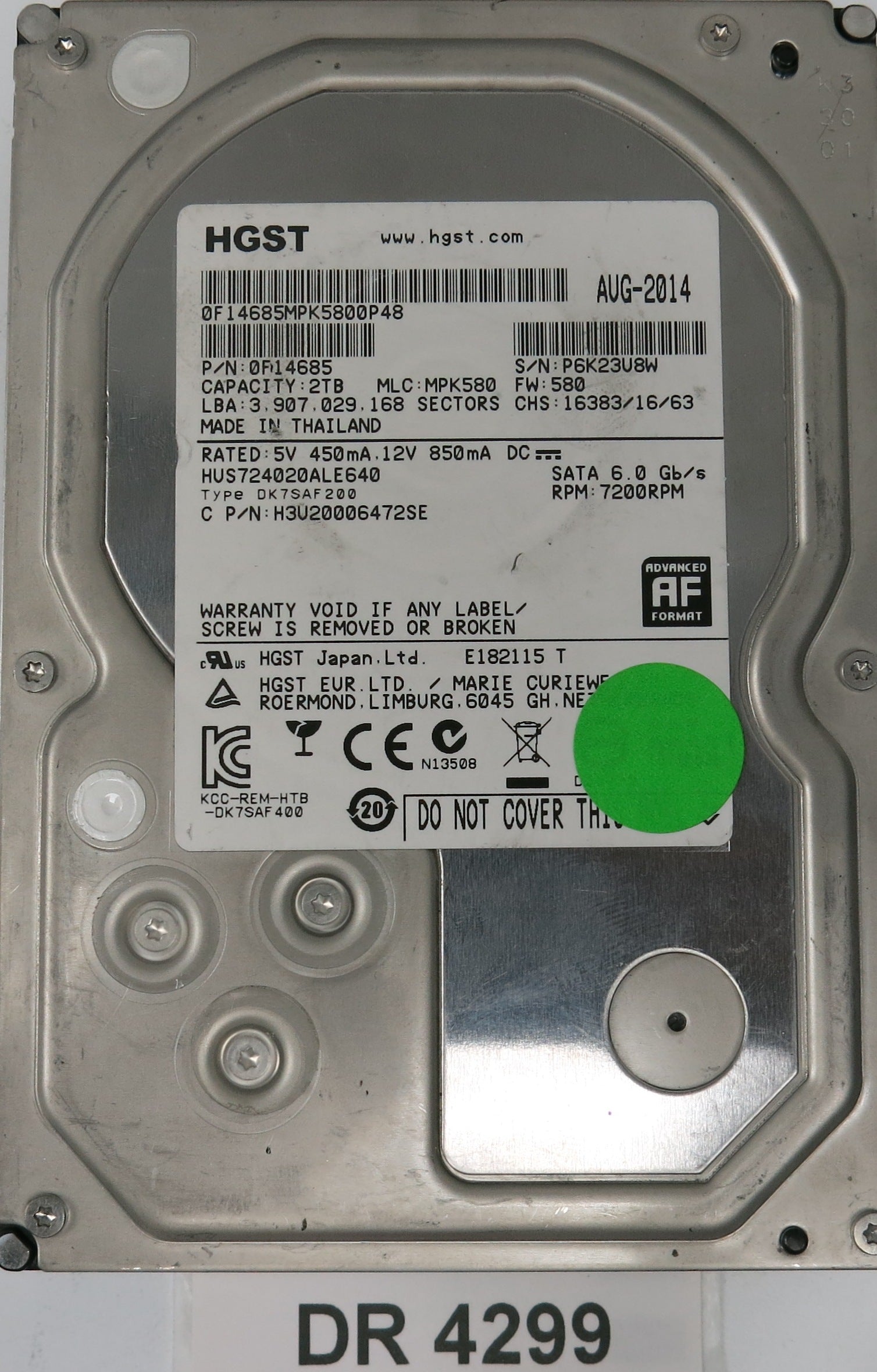 0F14685MPK5800P48,  P/N:0F14685,  MLC:MPK580,  FW:580,  Serial:P6K23U8W,  2000GB 3.5,  PCB :220 0A90379 01- REV A