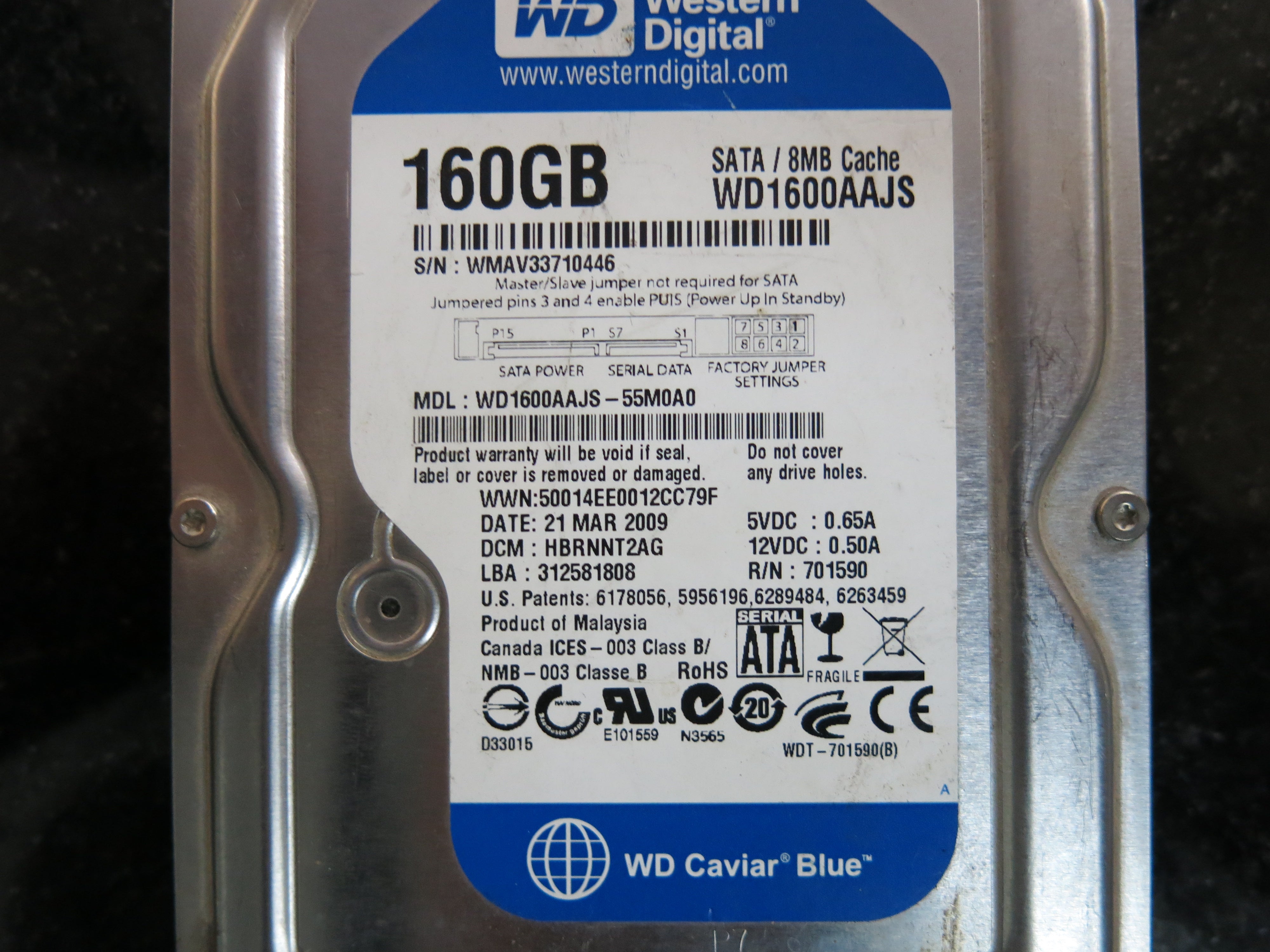 WMAV33710446 PCB: 2060-701590-000 REV A SERIAL NUMBER: WD1600AAJS- 55M0A0 160GB