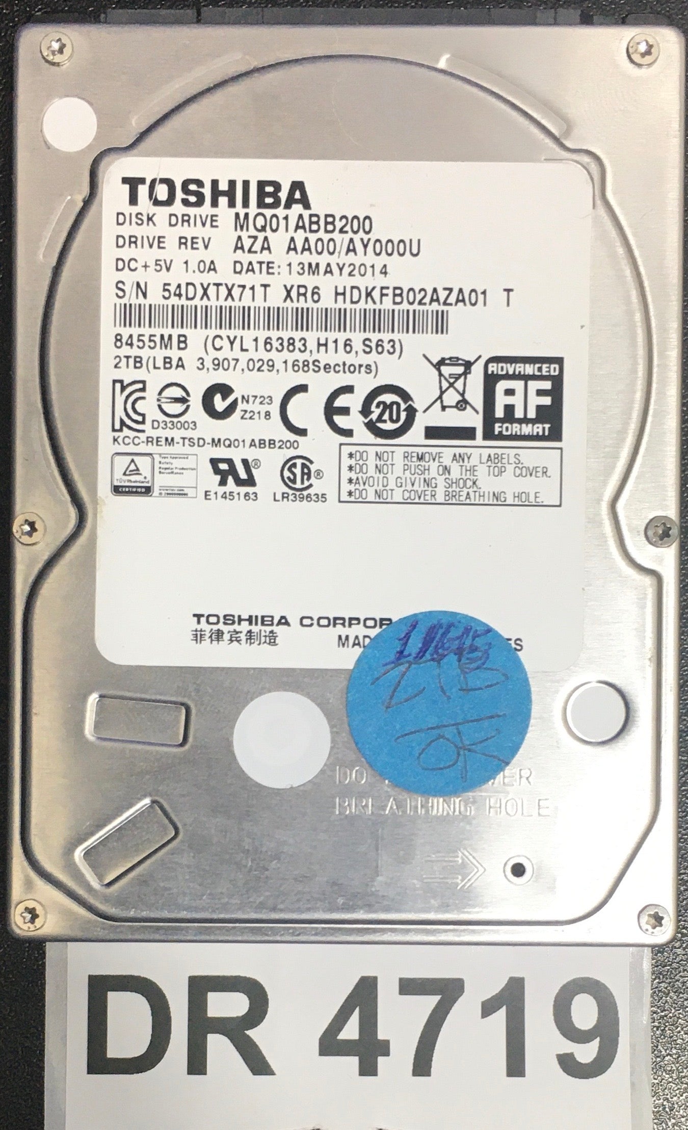 MQ01ABB200,  Serial: 54DXTX71T XR6 HDKFB02AZA01 T,  2TB 2.5,  PCB : G003235C,