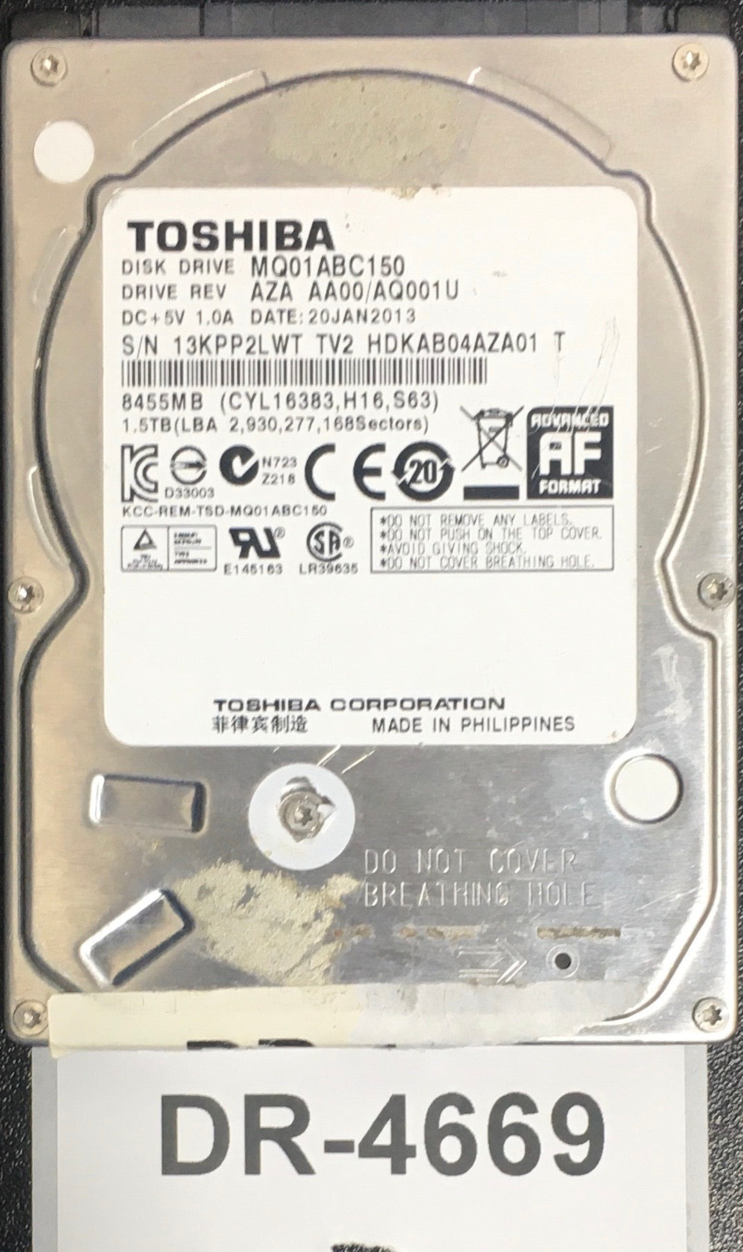MQ01ABC150,  Serial: 13KPP2LWT TV2 HDKAB04AZA01 T,  1.5TB 2.5,  PCB : G003138A,