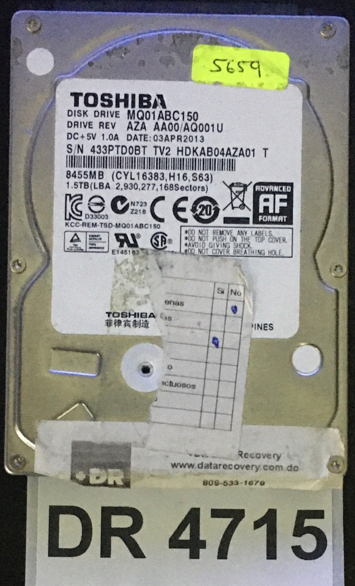 MQ01ABC150,  Serial: 433PTD0BT TV2 HDKAB04AZA01 T,  1.5TB 2.5,  PCB : G003138A,
