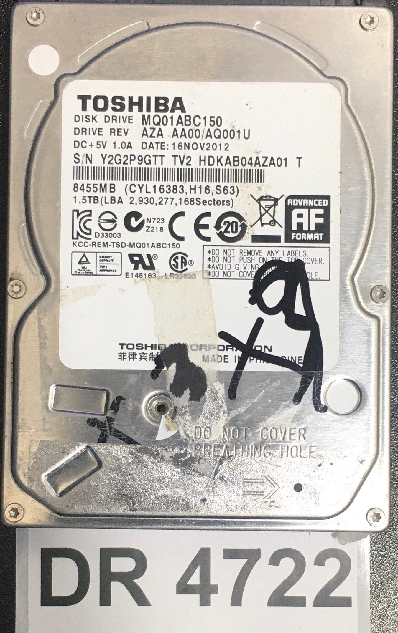MQ01ABC150,  Serial: Y2G2P9GTT TV2 HDKAB04AZA01 T,  1.5TB 2.5,  PCB : G003138A,
