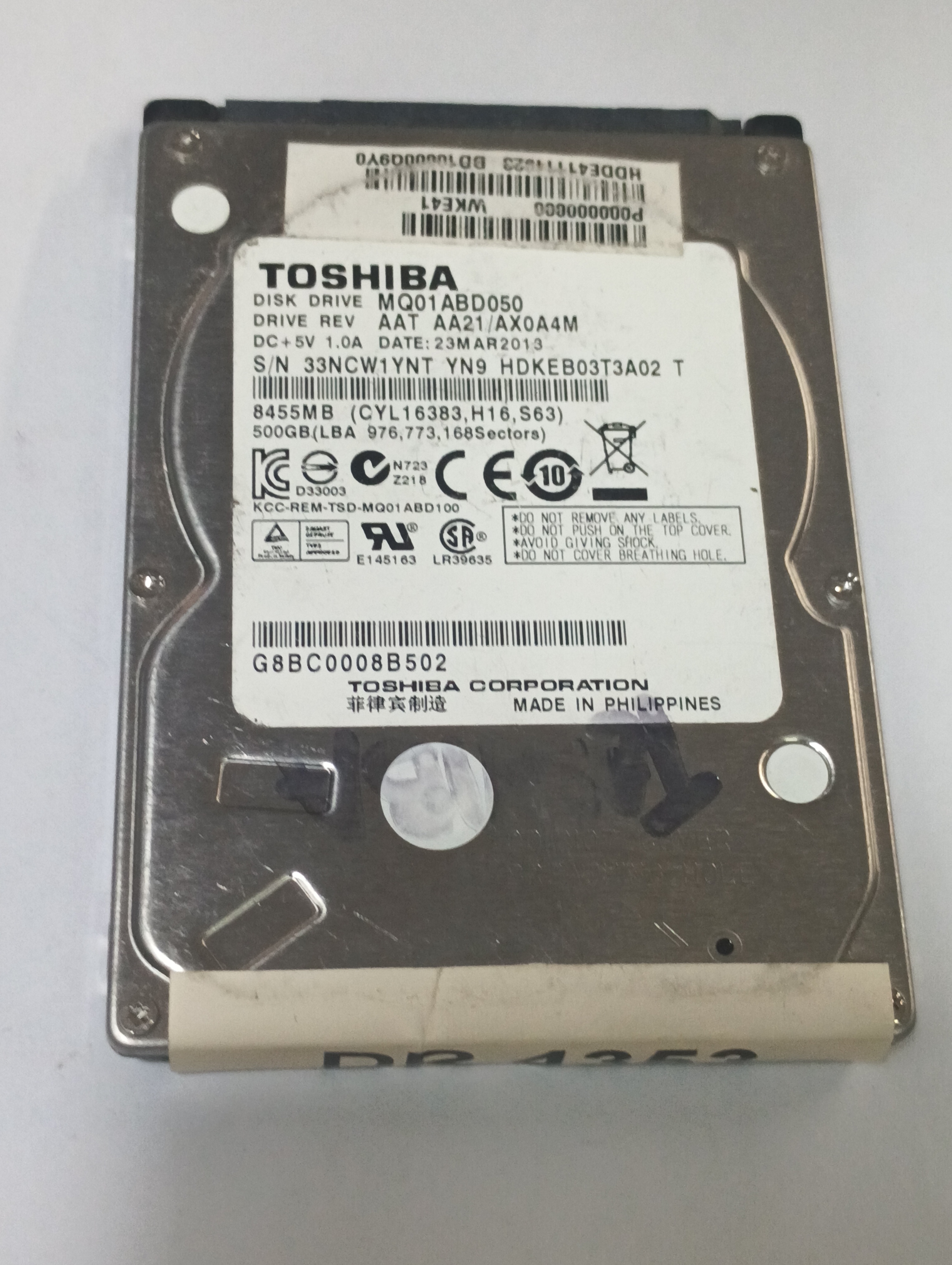 MQ01ABD050,  Serial: 33NCW1YNT YN9 HDKEB03T3A02 T  500GB 2.5