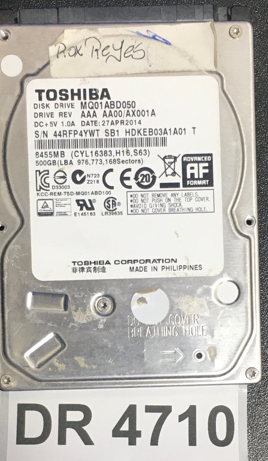 MQ01ABD050,  Serial: 44RFP4YWT SB1 HDKEB03A1A01 T,  500GB 2.5,  PCB: G003138A,