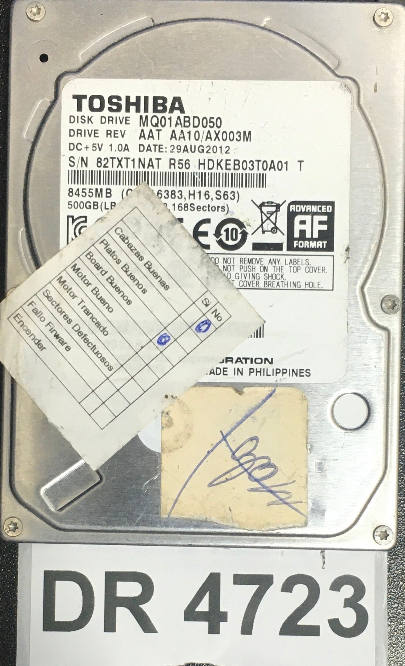 MQ01ABD050,  Serial: 82TXT1NAT R56 HDKEB03T0A01 T,  500GB 2.5,