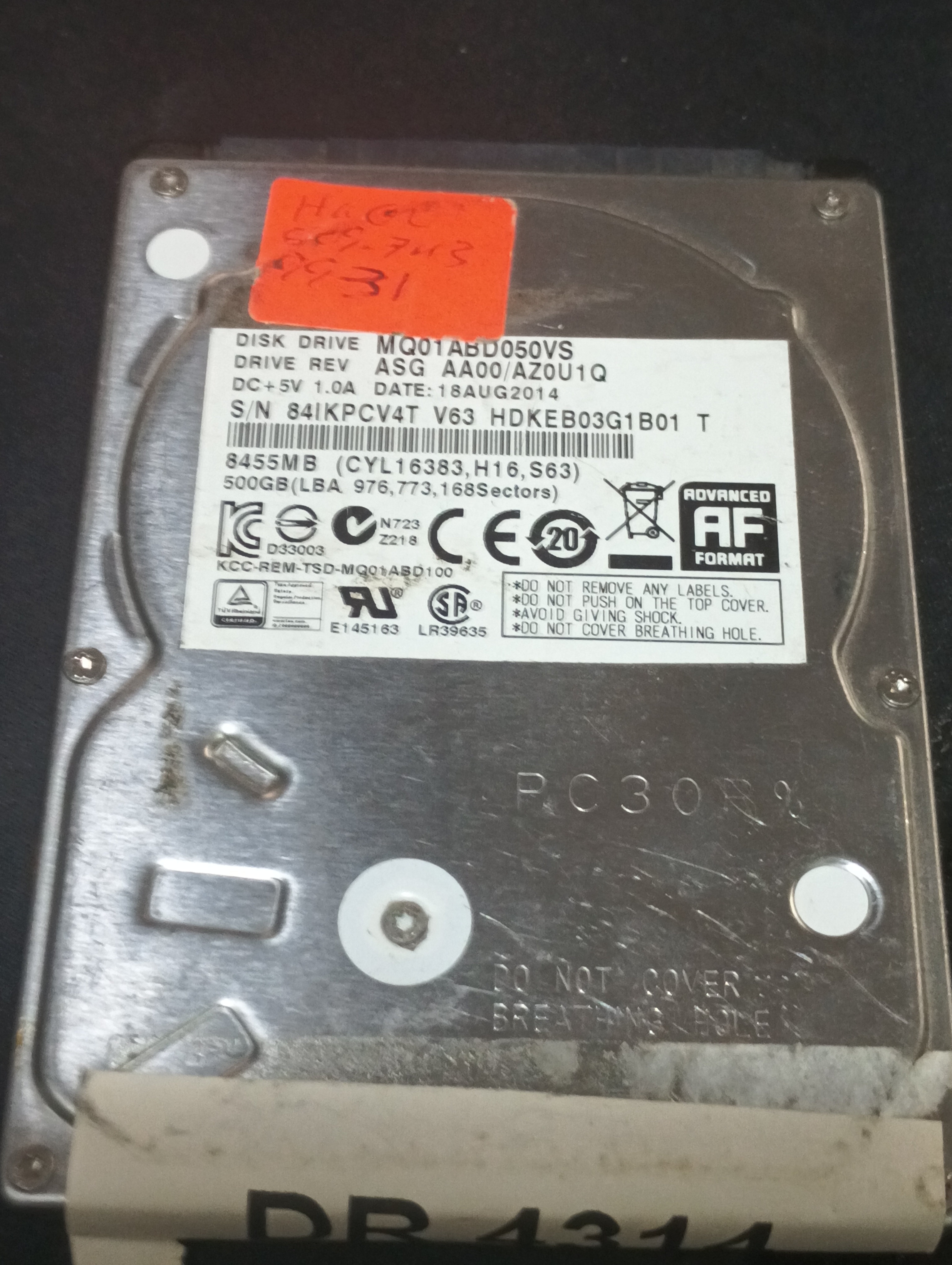 MQ01ABD050VS,  Serial: 84IKPCV4T V63. HDKEB03G1B01 T  500GB 2.5