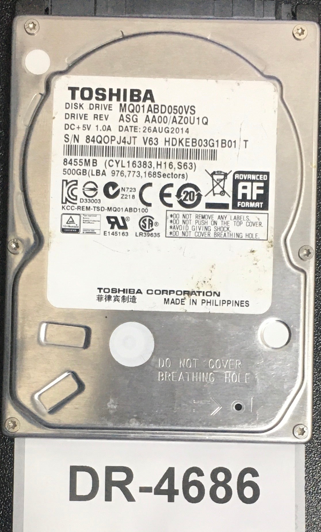 MQ01ABD050VS,  Serial: 84QOPUJ4JT V63 HDKEB03G1B01 T,  500GB 2.5,  PCB : G003138A,