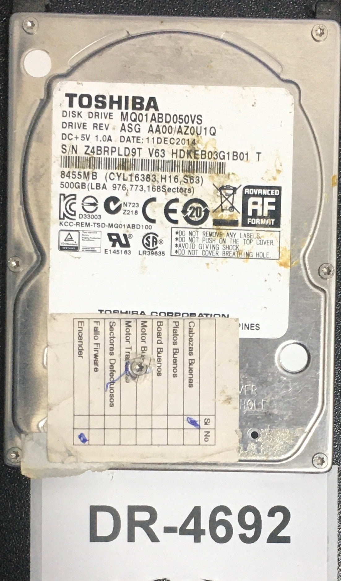 MQ01ABD050VS,  Serial: Z4BRPLD9T V63 HDKEB03G1B01 T,  500GB 2.5,