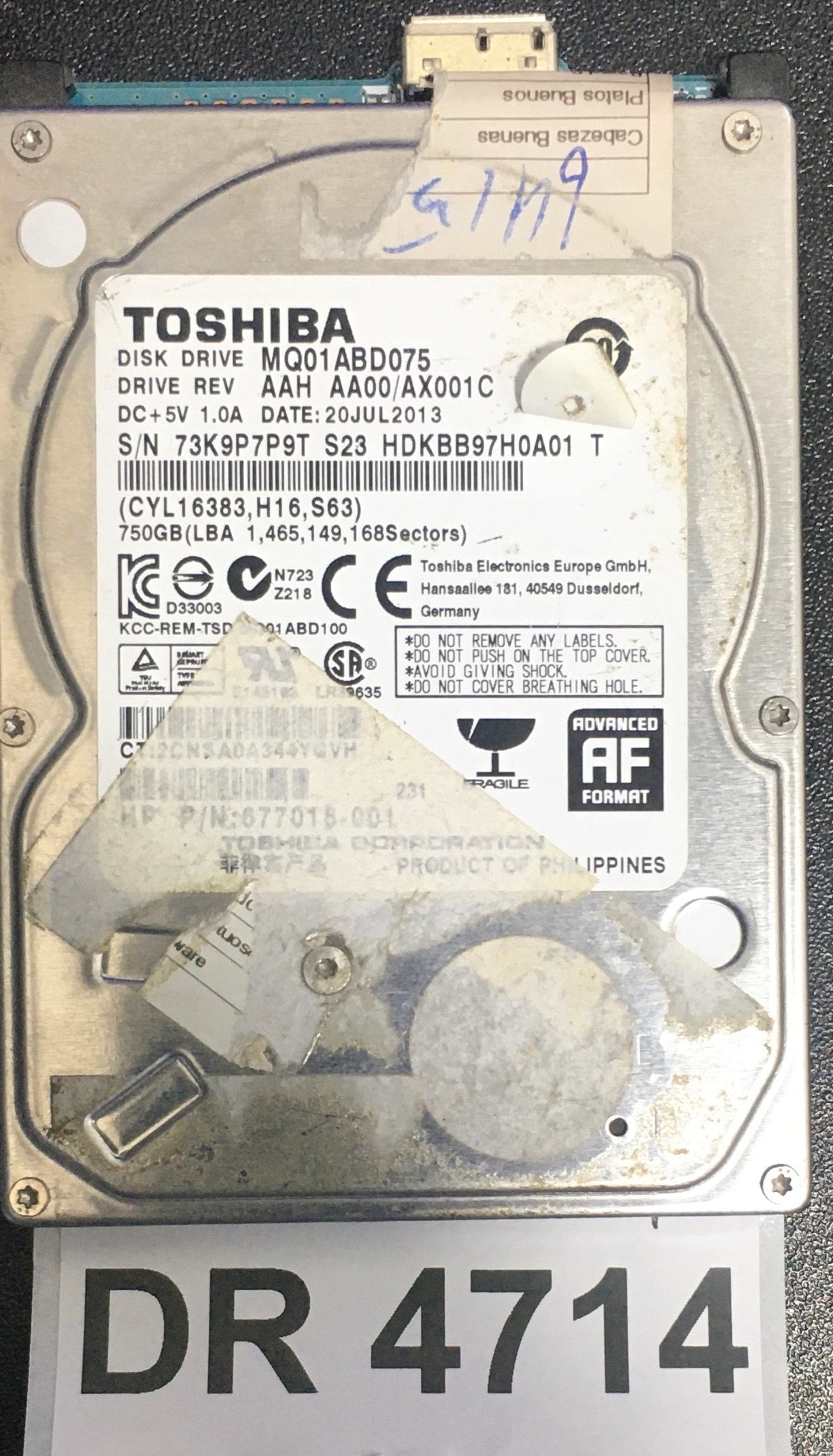 MQ01ABD075,  Serial: 73K9P7P9T S23 HDKBB97H0A01 T,  750GB 2.5,  PCB: G003296A,