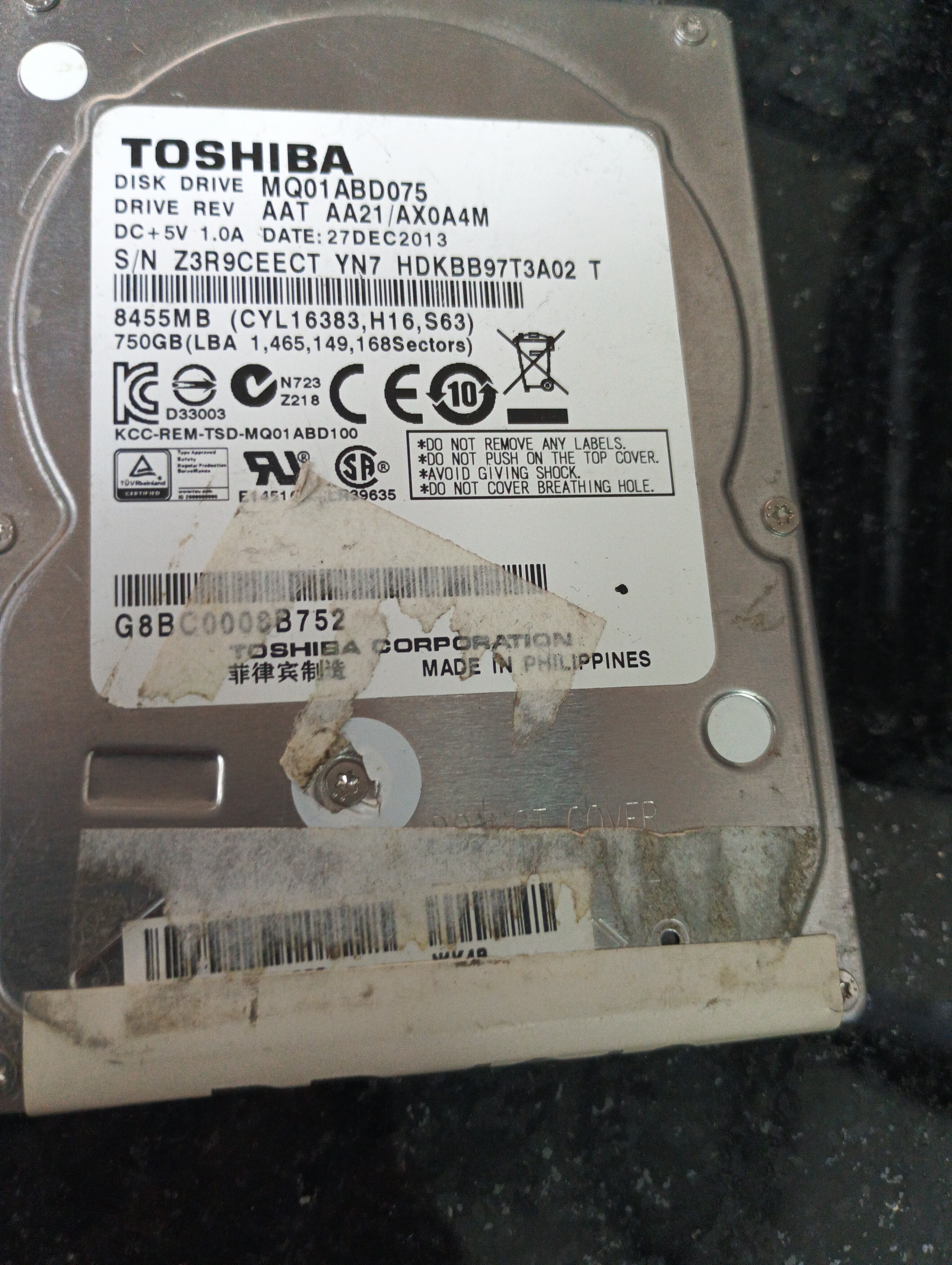 MQ01ABD075,  Serial: Z3R9CEECT YN7 HDKBB97T3A02 T,  750GB 2.5