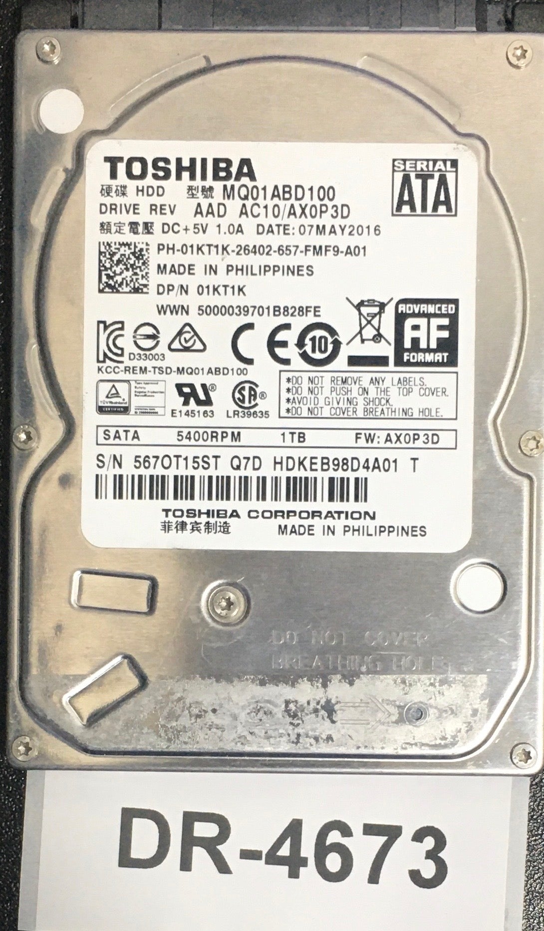 MQ01ABD100,  Serial: 567OT15ST Q7D HDKEB98D4A01 T,  1TB 2.5,  PCB : G003235C,