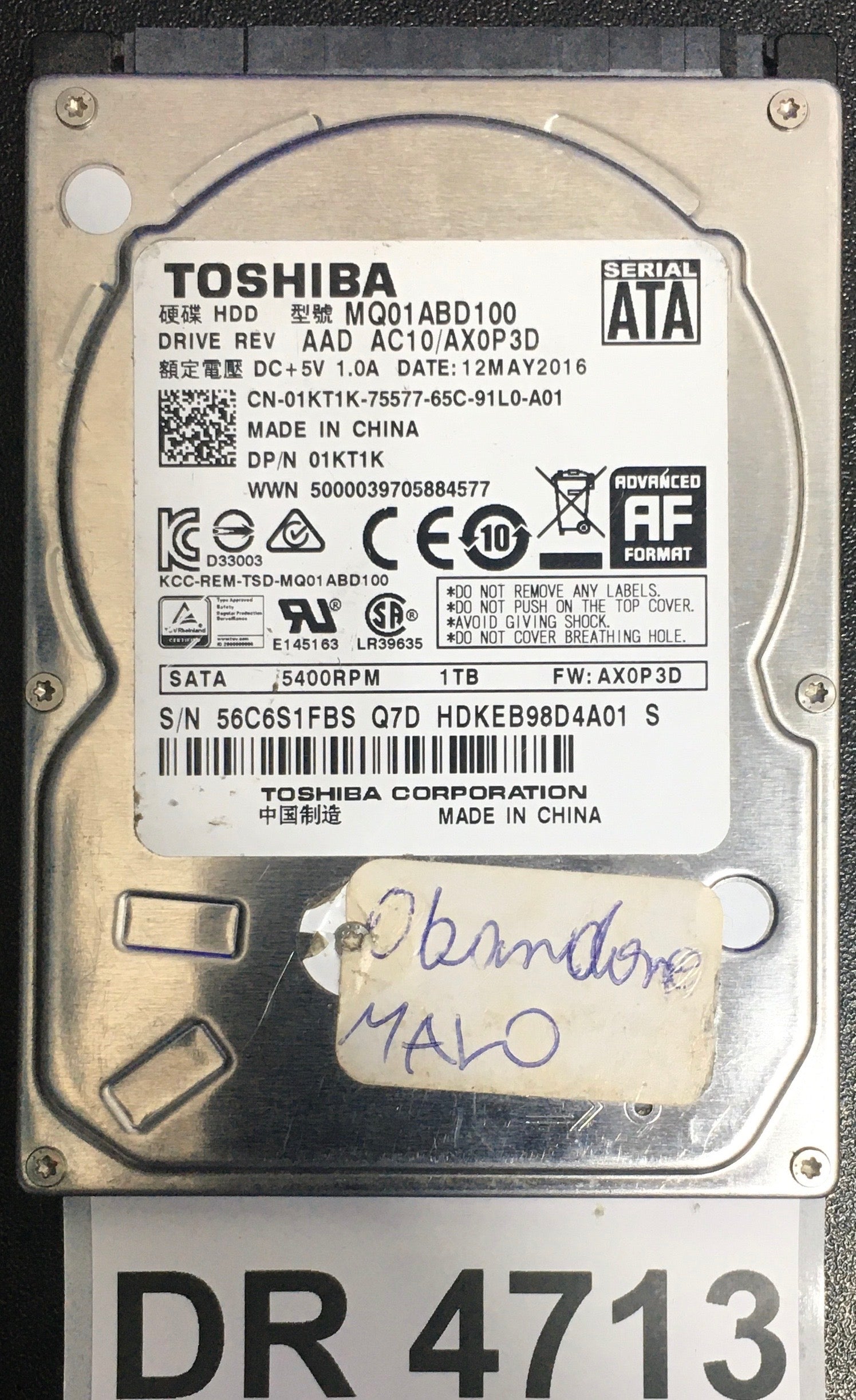 MQ01ABD100,  Serial: 56C6S1FBS Q7D HDKEB98D4A01 S,  1TB 2.5,  PCB: G003235C,