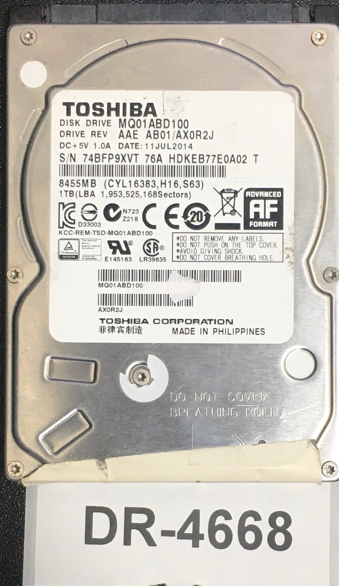 MQ01ABD100,  Serial: 74BFP9XVT 76 HDKEB77E0A02 T,  1TB 2.5,  PCB : G003235C,