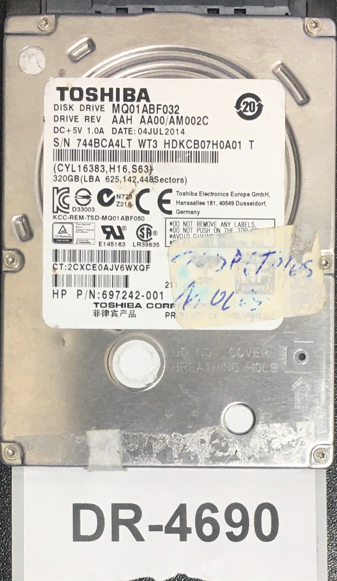 MQ01ABF032,  Serial: 744BCA4LT WT3 HDKCB07H0A01 T,  320GB 2.5,  PCB :G003235C,