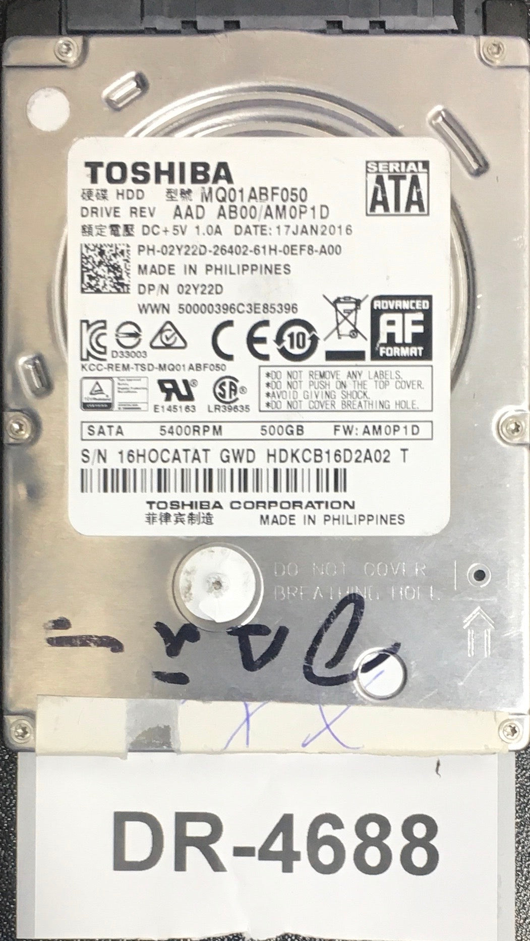 MQ01ABF050,  Serial: 16HOCATAT GWD HDKCB16D202 T,  500GB 2.5,  PCB : G003235C,