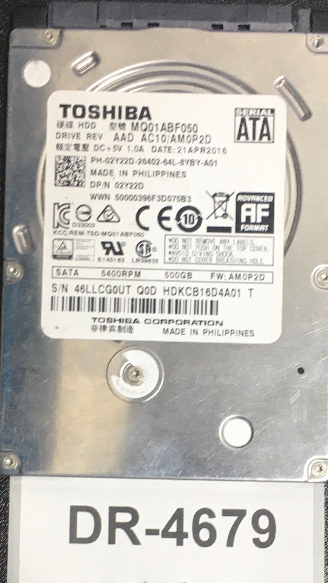 MQ01ABF050,  Serial: 46LLC0UT Q0D HDKCB16D4A01 T,  500GB 2.5,  PCB : G003235C,