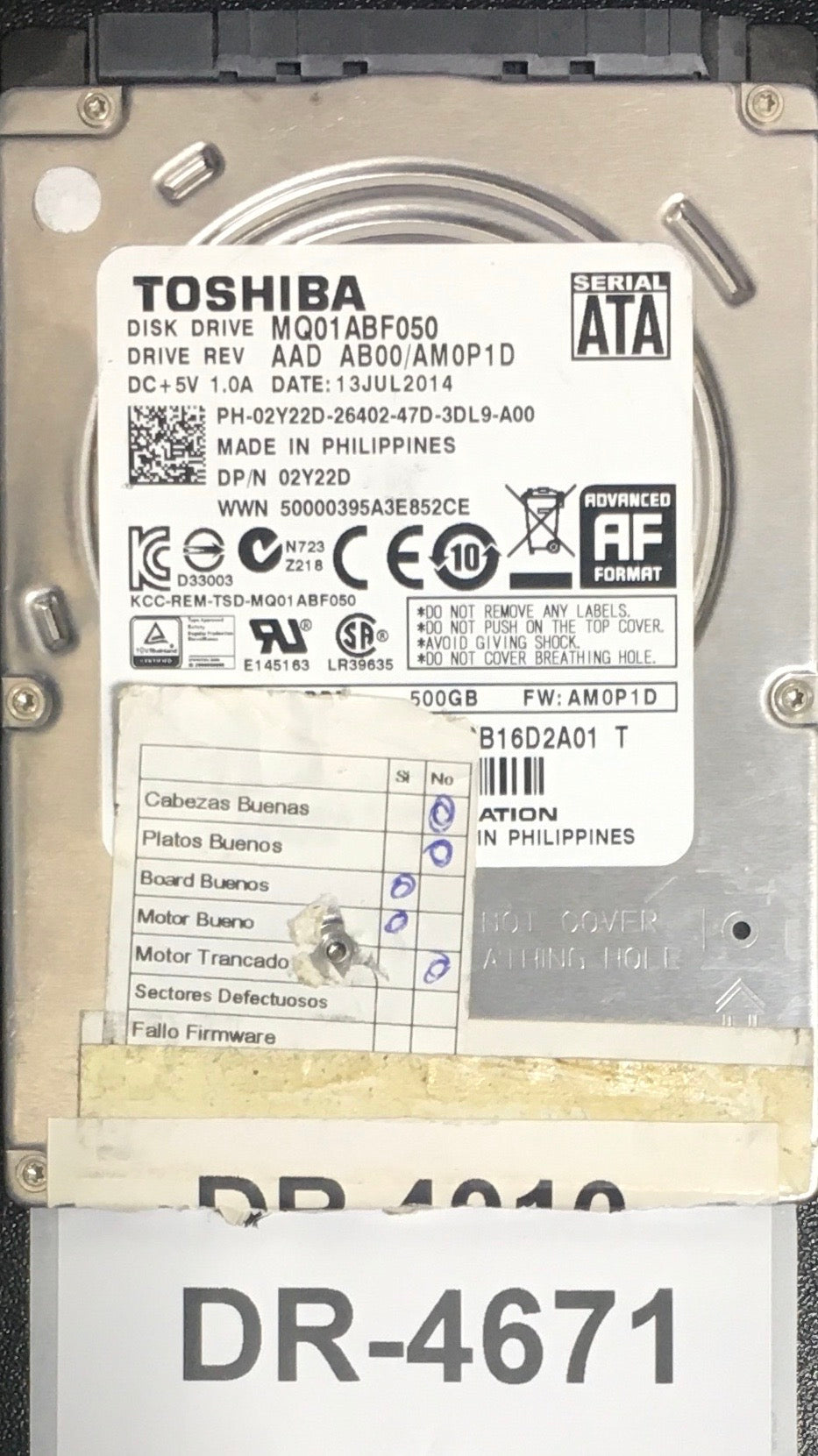 MQ01ABF050,  Serial: 74DOCDFET YZ2 HDKCB16D2A01 T,  500GB 2.5,  PCB :G003235C,