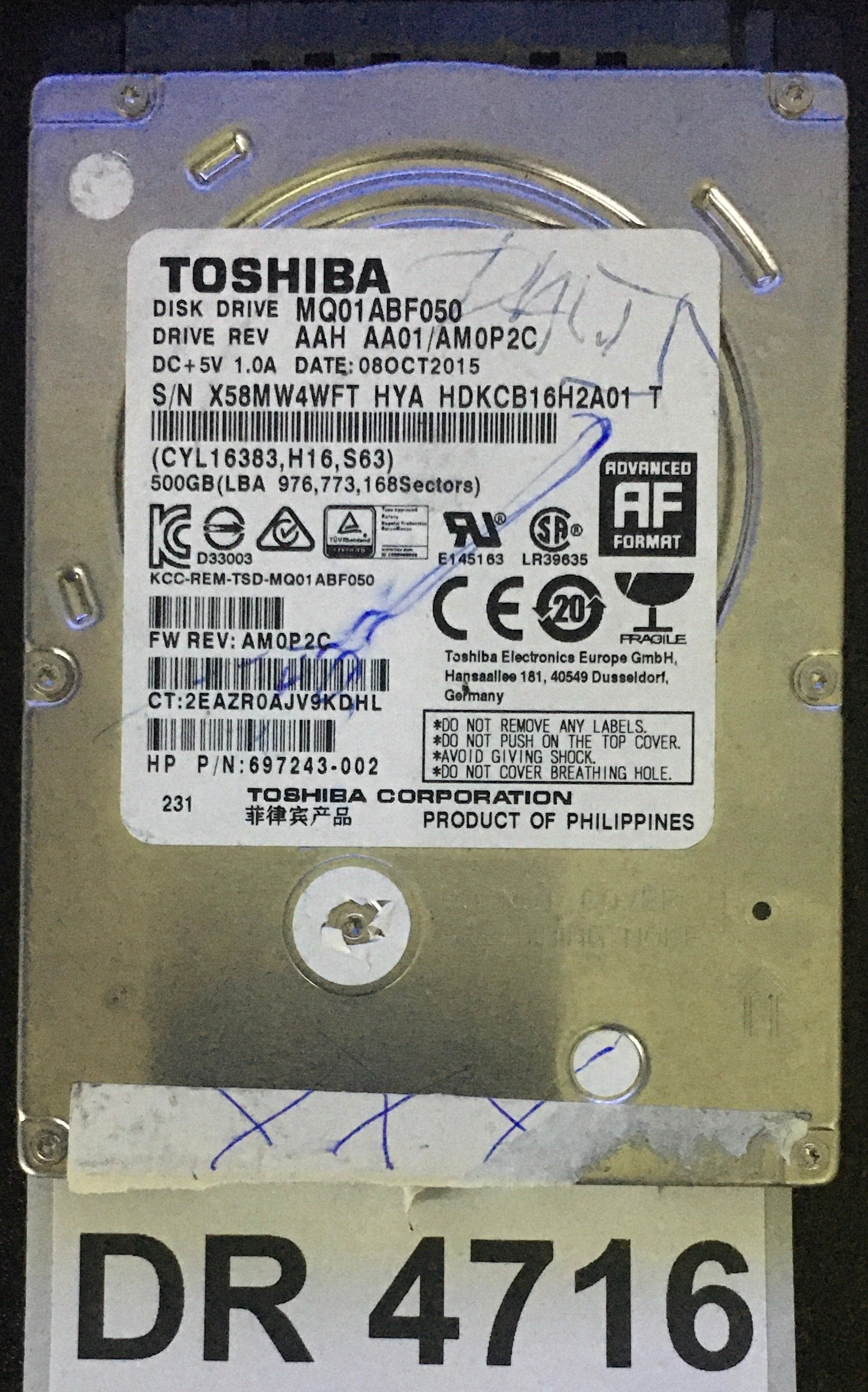 MQ01ABF050,  Serial: X58MW4WFT HYA HDKCB16H2A01 T,  500GB 2.5,  PCB : G003235C,