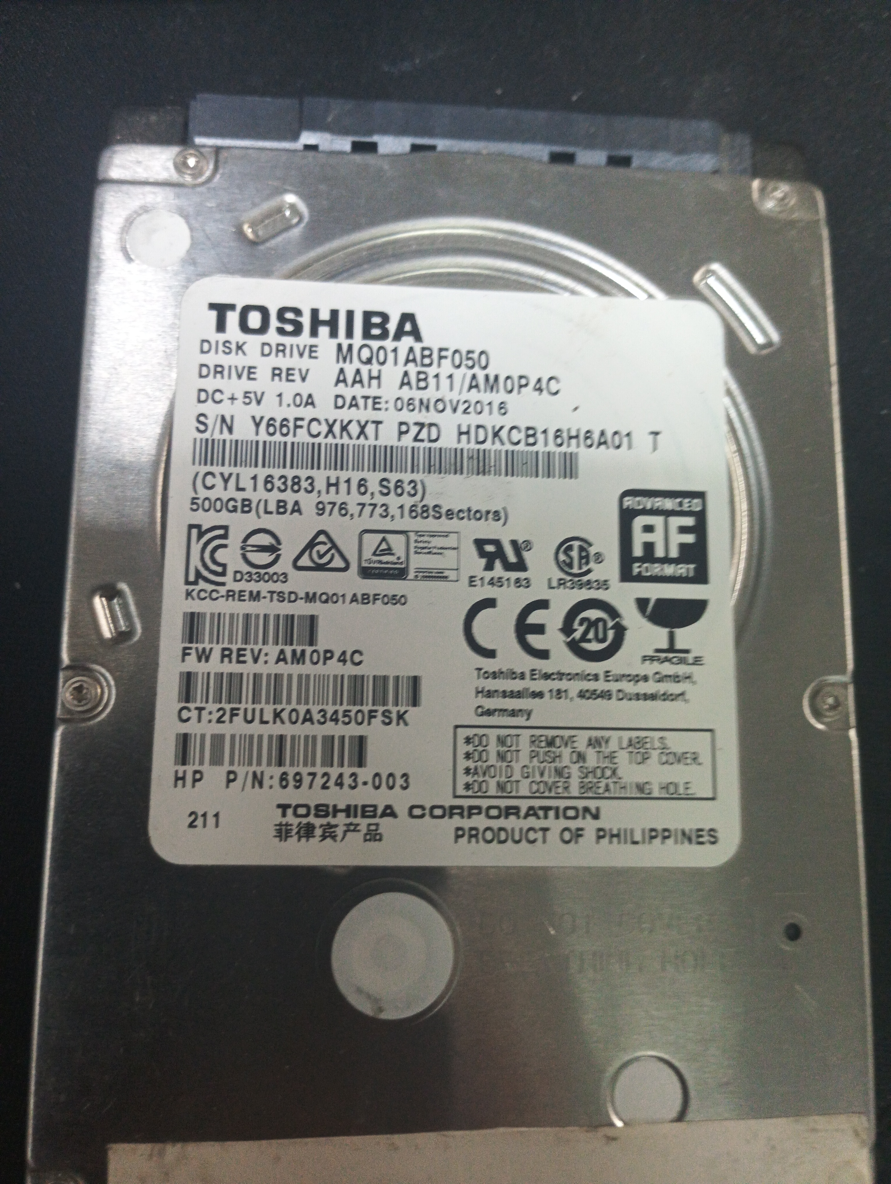 MQ01ABF050,  Serial: Y66FCXKXT PZD HDKCB16H6A01 T,  500GB 2.5