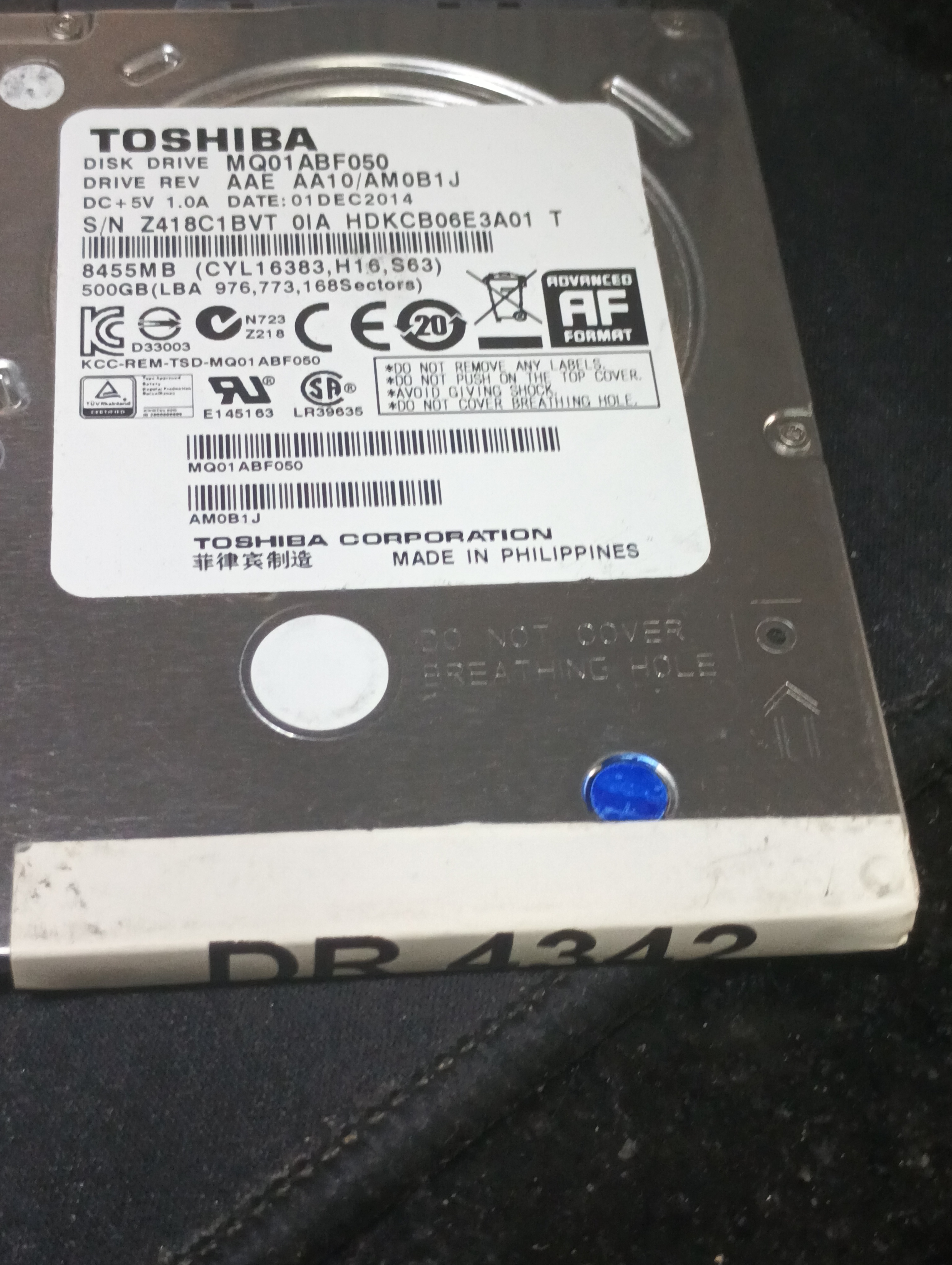 MQ01ABF050,  Serial: Z418C1VT 0IA HDKCB06E3A01,  500GB 2.5  PCB : G003235C,