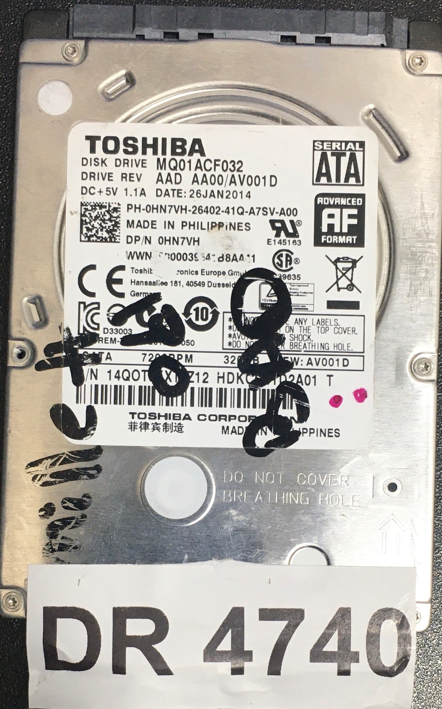 MQ01ACF032,  Serial: 14QOT0EXTZ12 HDKCC01D2A01 T,  320GB 2.5,  PCB : G003235C,