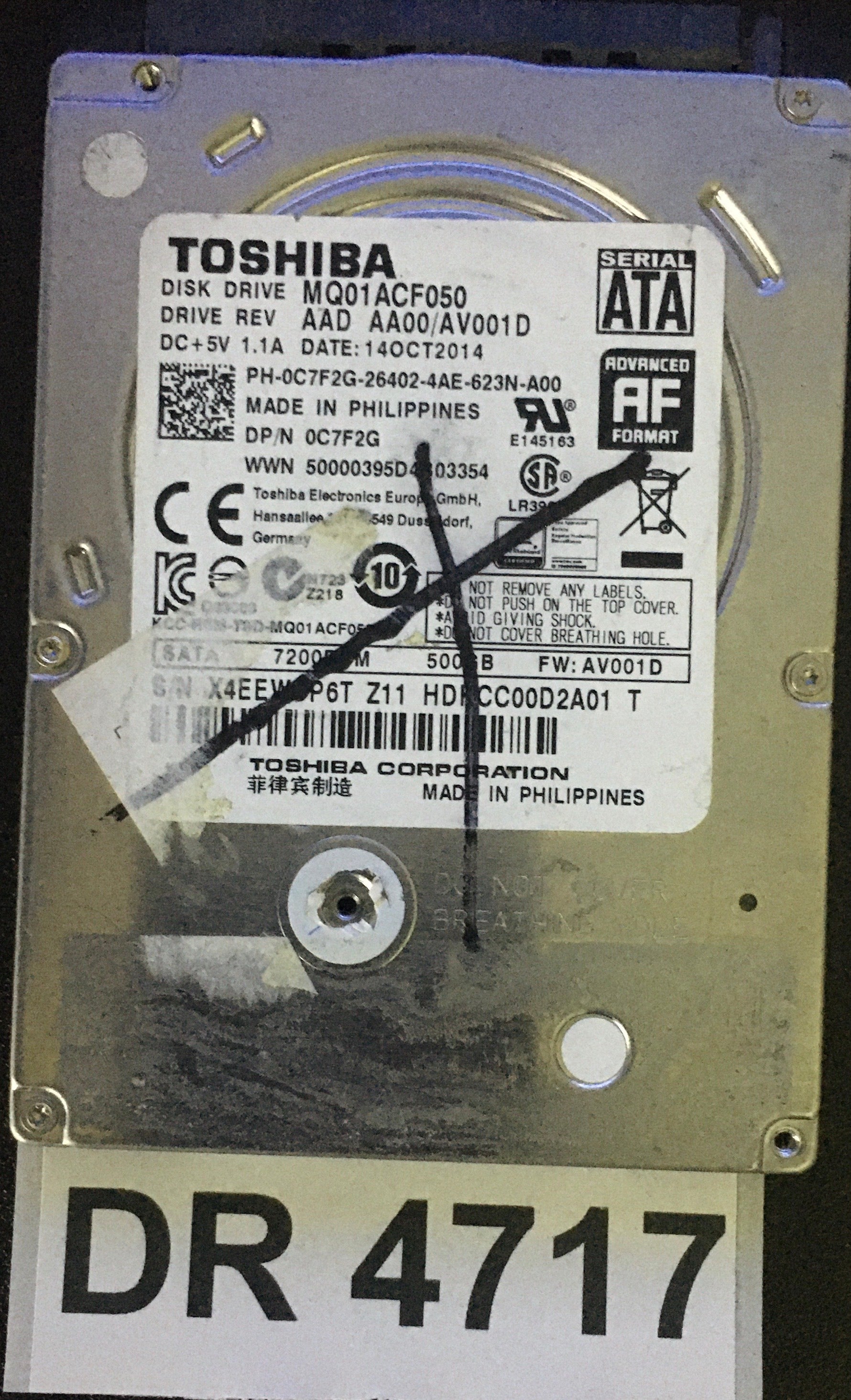 MQ01ACF050,  Serial: X4EEW0P6T Z11 HDRCC00D2A01 T,  500GB 2.5,  PCB : G003235C,