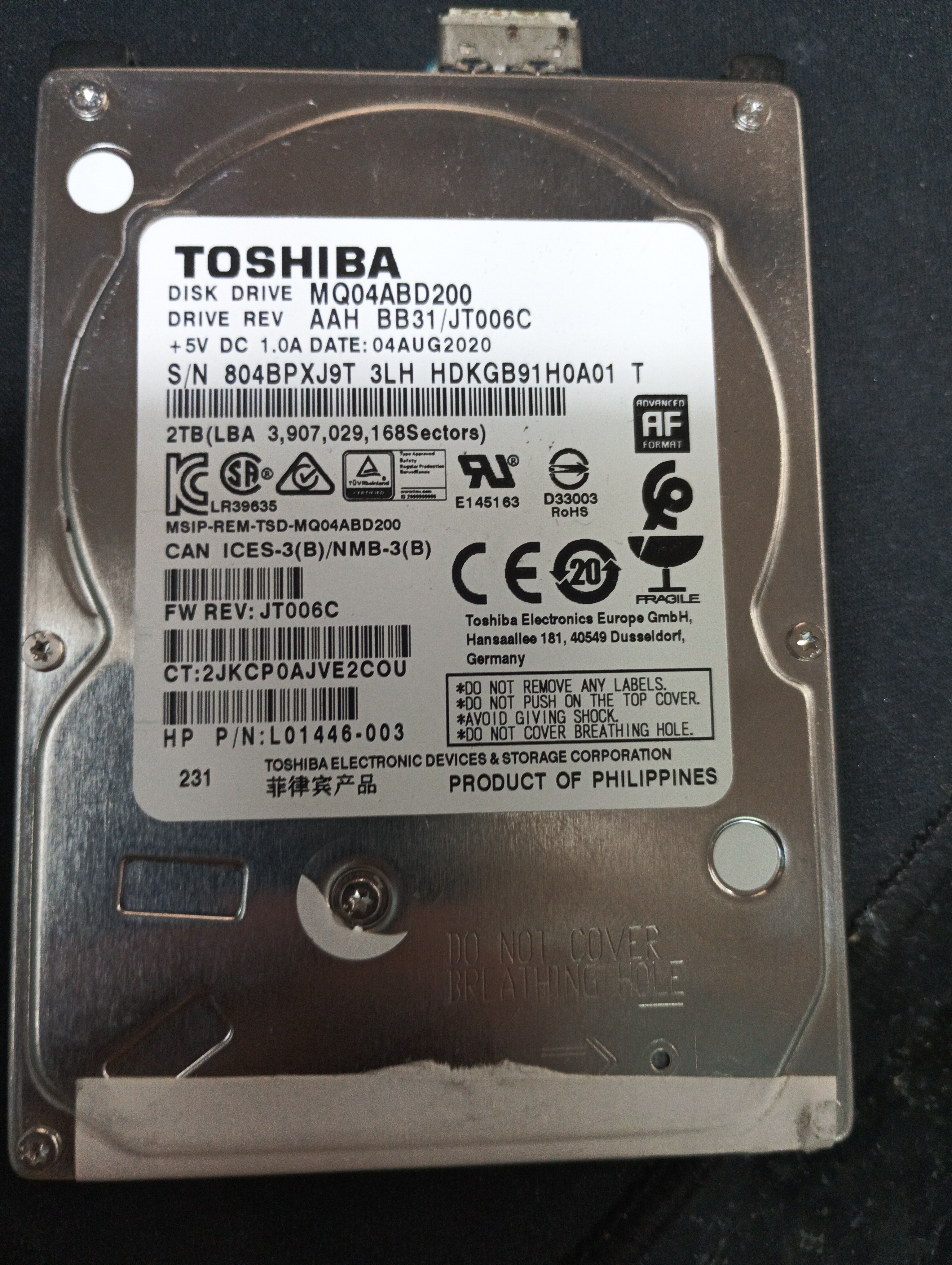 MQ04ABD200,  Serial: 804BPXJ9T 3LH HDKGB91H0A01 T,  2TB 2.5,  PCB : G3448A,