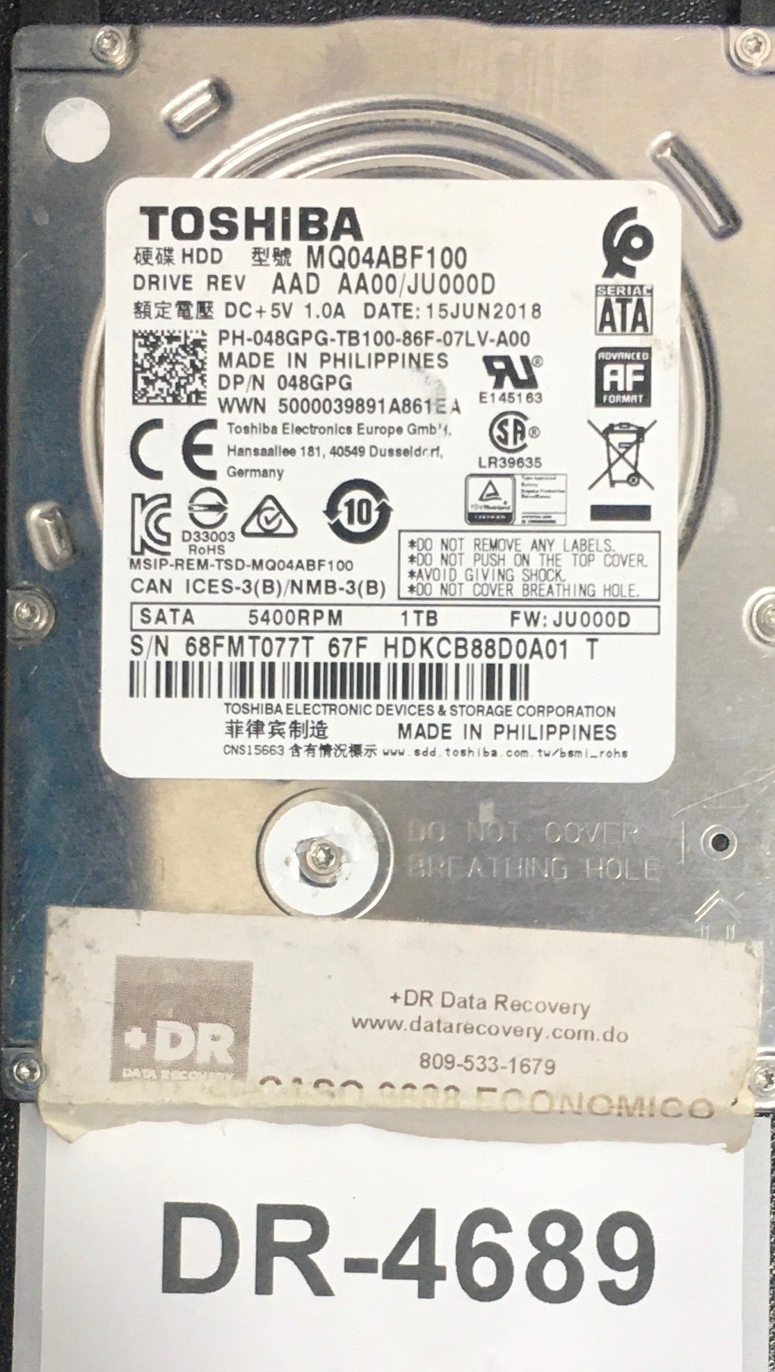 MQ04ABF100,  Serial: 68FMT077T 67F HDKCB88D0A01 T,  1TB 2.5,