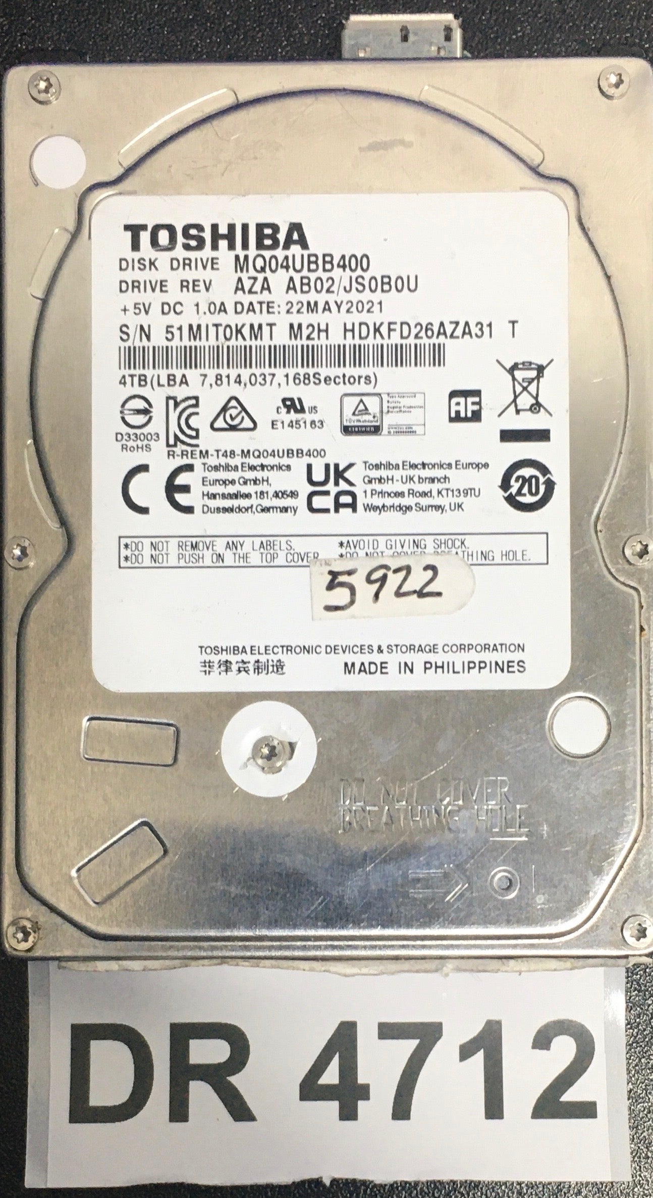 MQ04UBB400,  Serial: 51MIT0KMT M2H HDKFD26AZA31,  4TB 2.5,  PCB: G0034A,