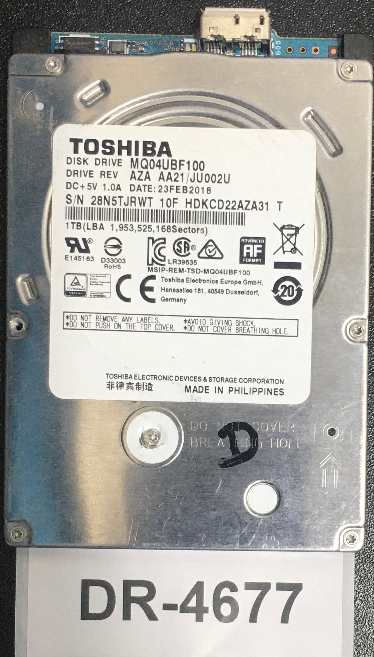 MQ04UBF100,  Serial: 28N5TJRWT 10F HDKCD22AZA31,  1TB 2.5,  PCB :G4330A,