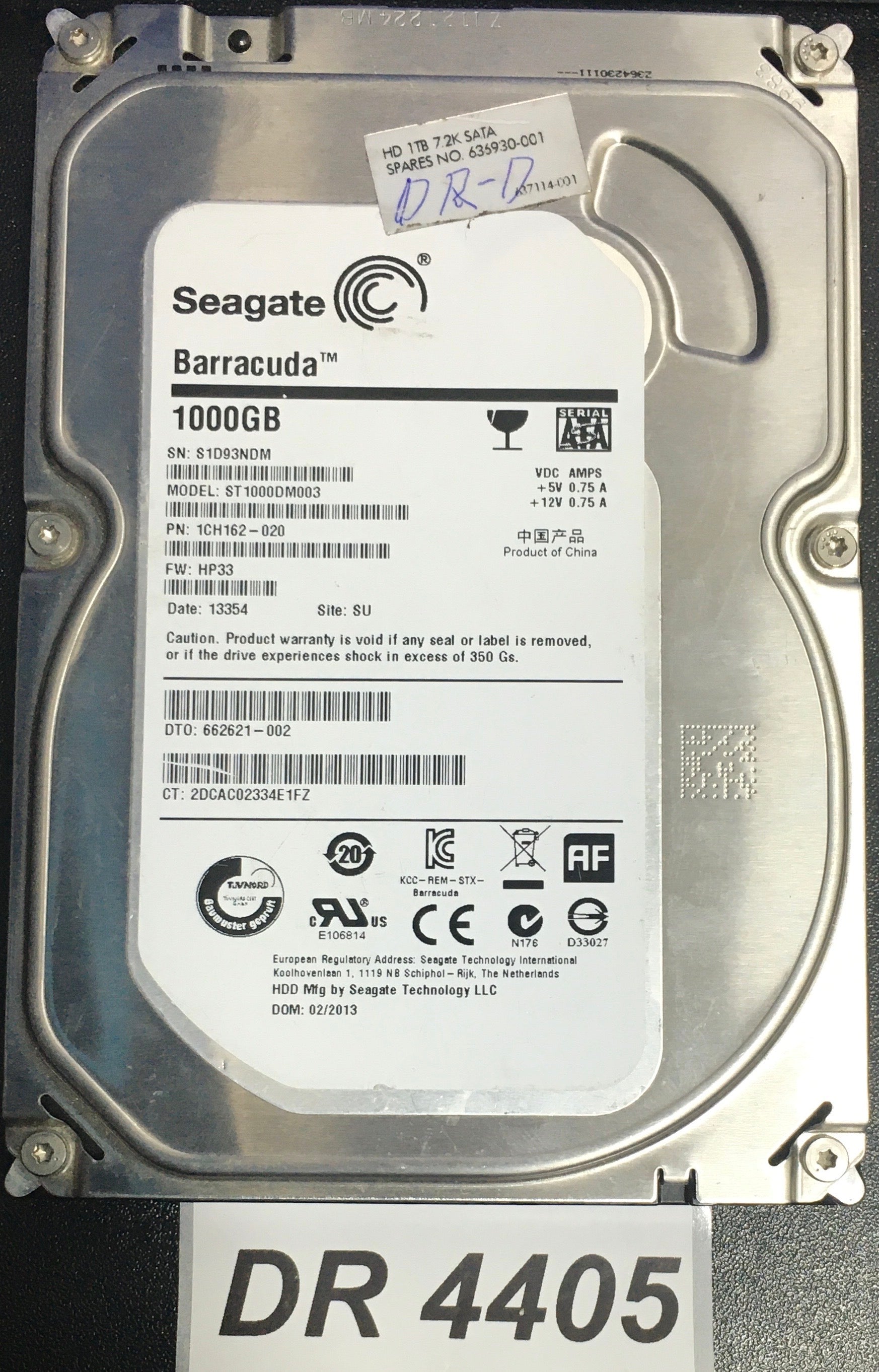 ST1000DM003 P/N:  1CH162-020  FW:HP33 Serial Number: S1D93NDM  1000GB 3.5  PCB: 100687658 REV A